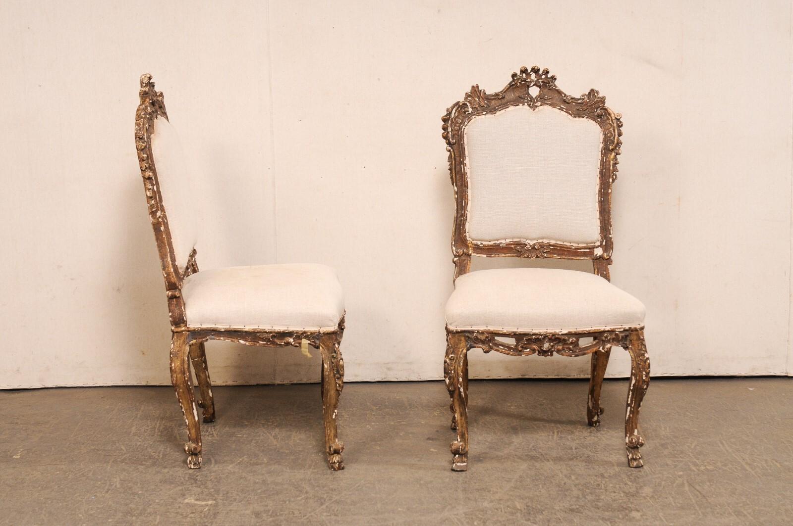 Wood 18th C. Italian Venetian Pair of Ornately Carved Side Chairs, Newly Upholstered For Sale
