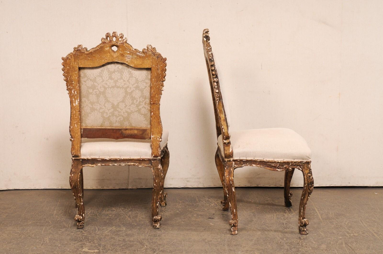 18th C. Italian Venetian Pair of Ornately Carved Side Chairs, Newly Upholstered For Sale 3