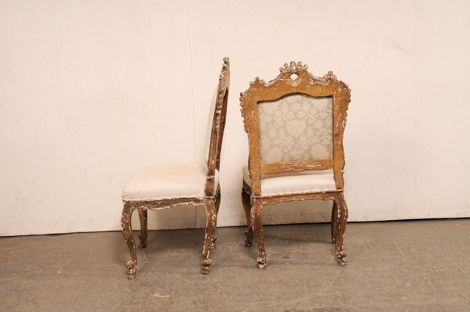 18th C. Italian Venetian Pair of Ornately Carved Side Chairs, Newly Upholstered For Sale 4