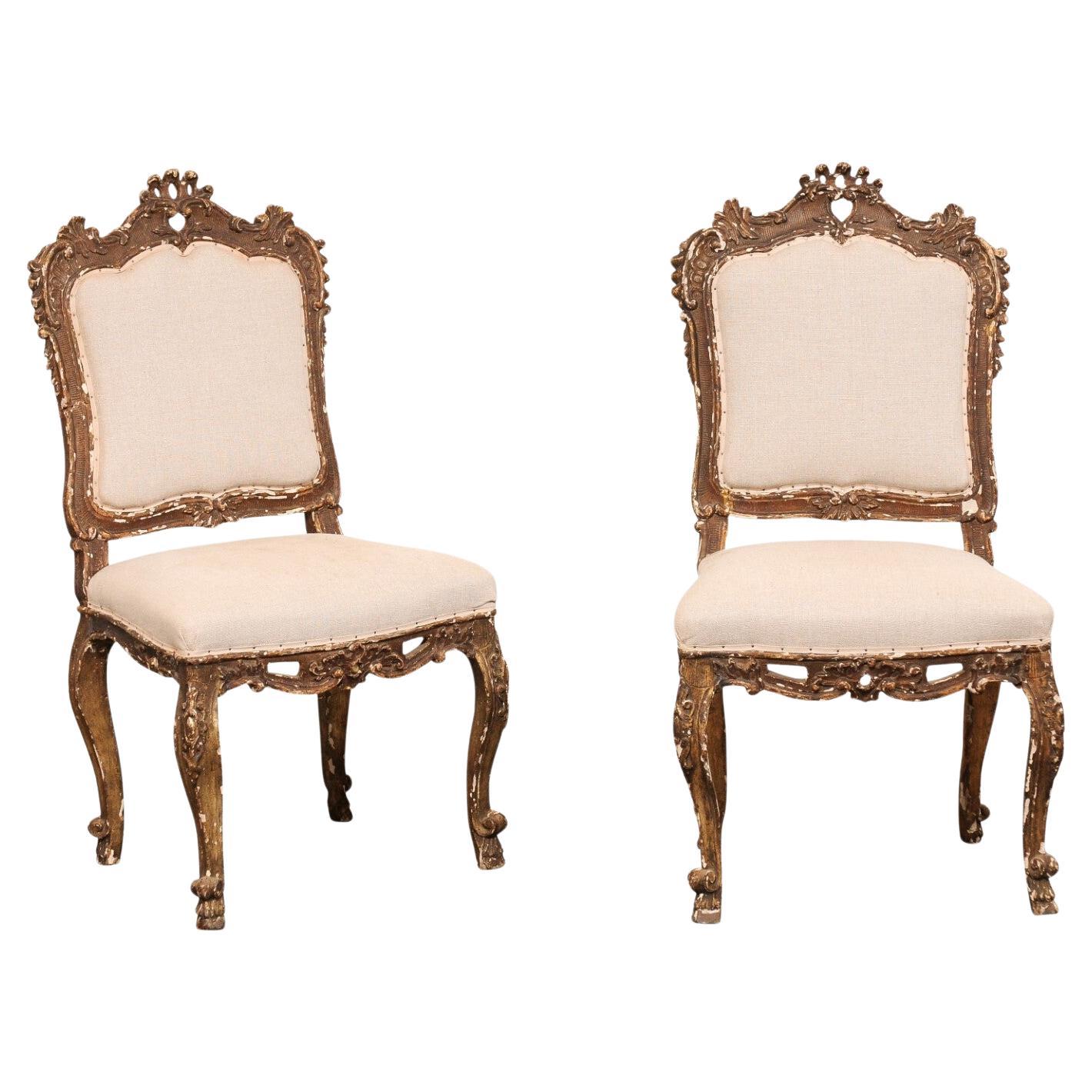 18th C. Italian Venetian Pair of Ornately Carved Side Chairs, Newly Upholstered