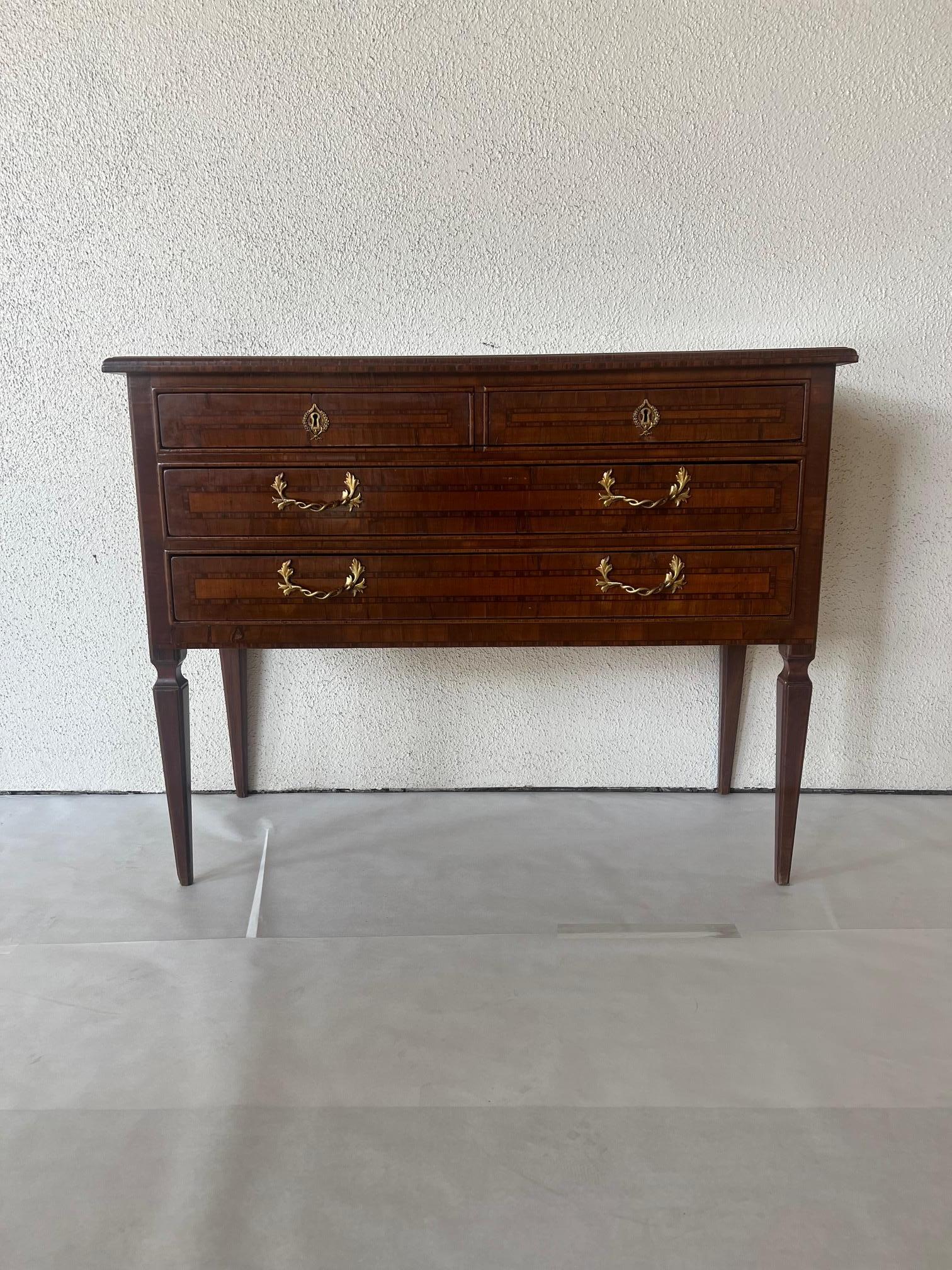 18th c Italian commode 2 drawer. walnut marquetry beautiful inlaid details throughout chest. original hardware.