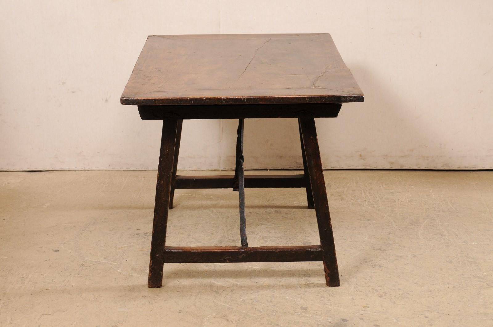 18th C. Italian Walnut Trestle Leg & Iron Stretcher Table 'or Desk' For Sale 7
