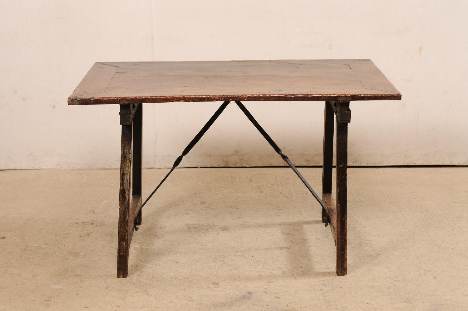 18th C. Italian Walnut Trestle Leg & Iron Stretcher Table 'or Desk' For Sale 8