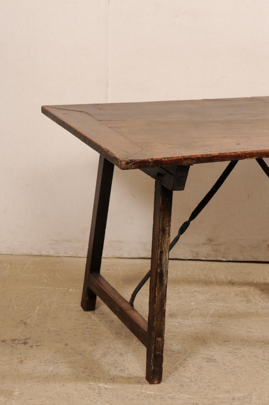 18th C. Italian Walnut Trestle Leg & Iron Stretcher Table 'or Desk' In Good Condition For Sale In Atlanta, GA