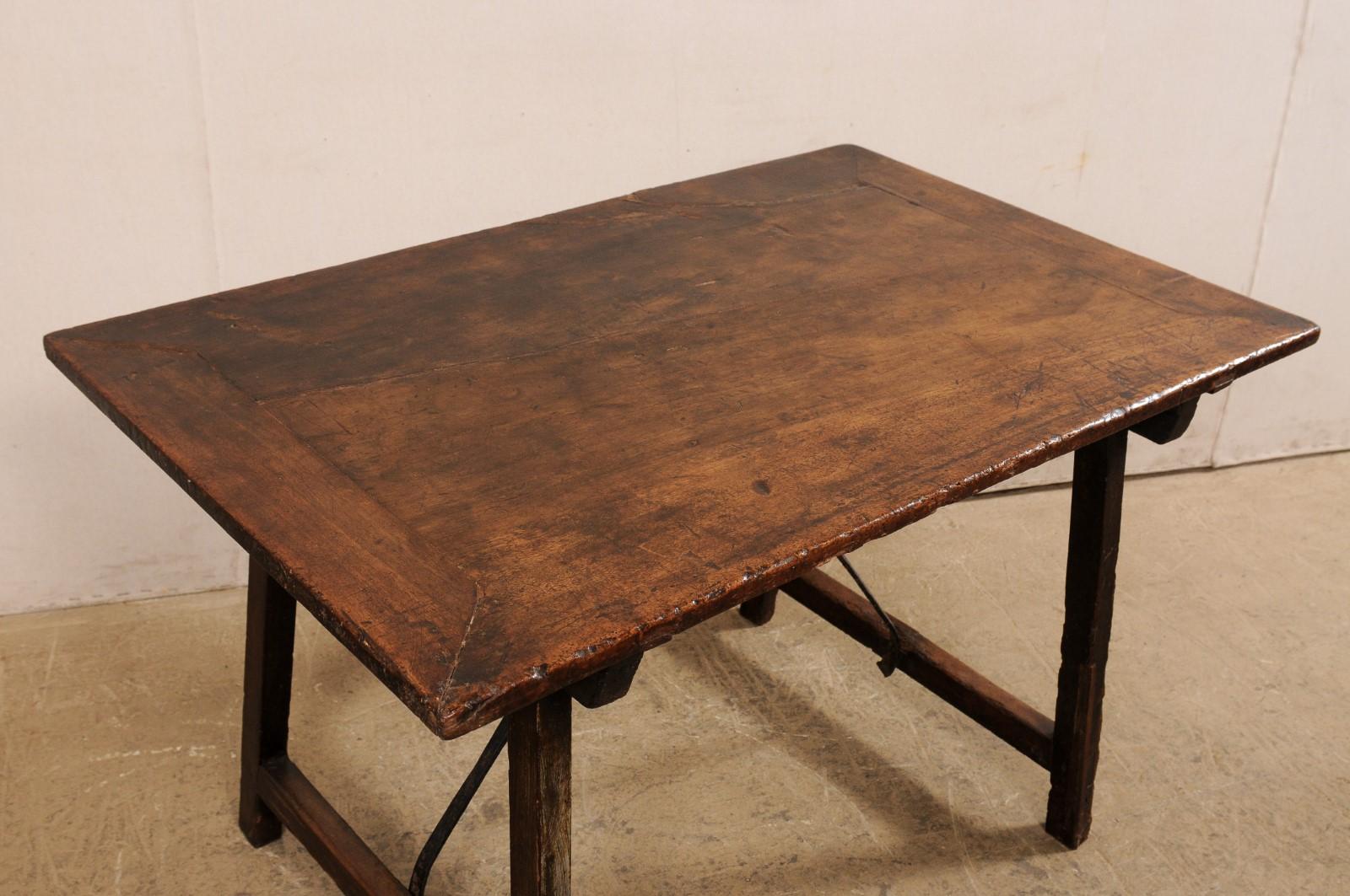 18th Century and Earlier 18th C. Italian Walnut Trestle Leg & Iron Stretcher Table 'or Desk' For Sale