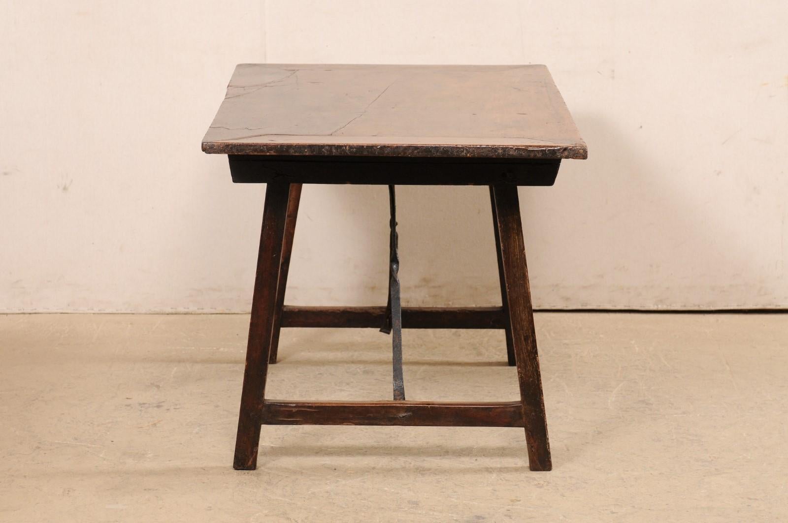 18th C. Italian Walnut Trestle Leg & Iron Stretcher Table 'or Desk' For Sale 1