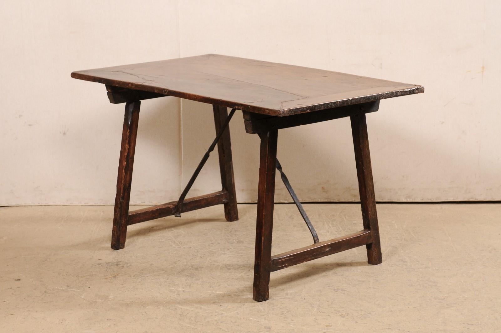 18th C. Italian Walnut Trestle Leg & Iron Stretcher Table 'or Desk' For Sale 2