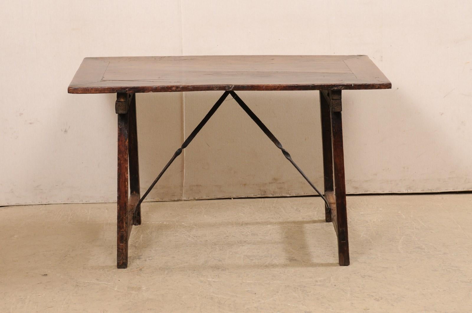 18th C. Italian Walnut Trestle Leg & Iron Stretcher Table 'or Desk' For Sale 4