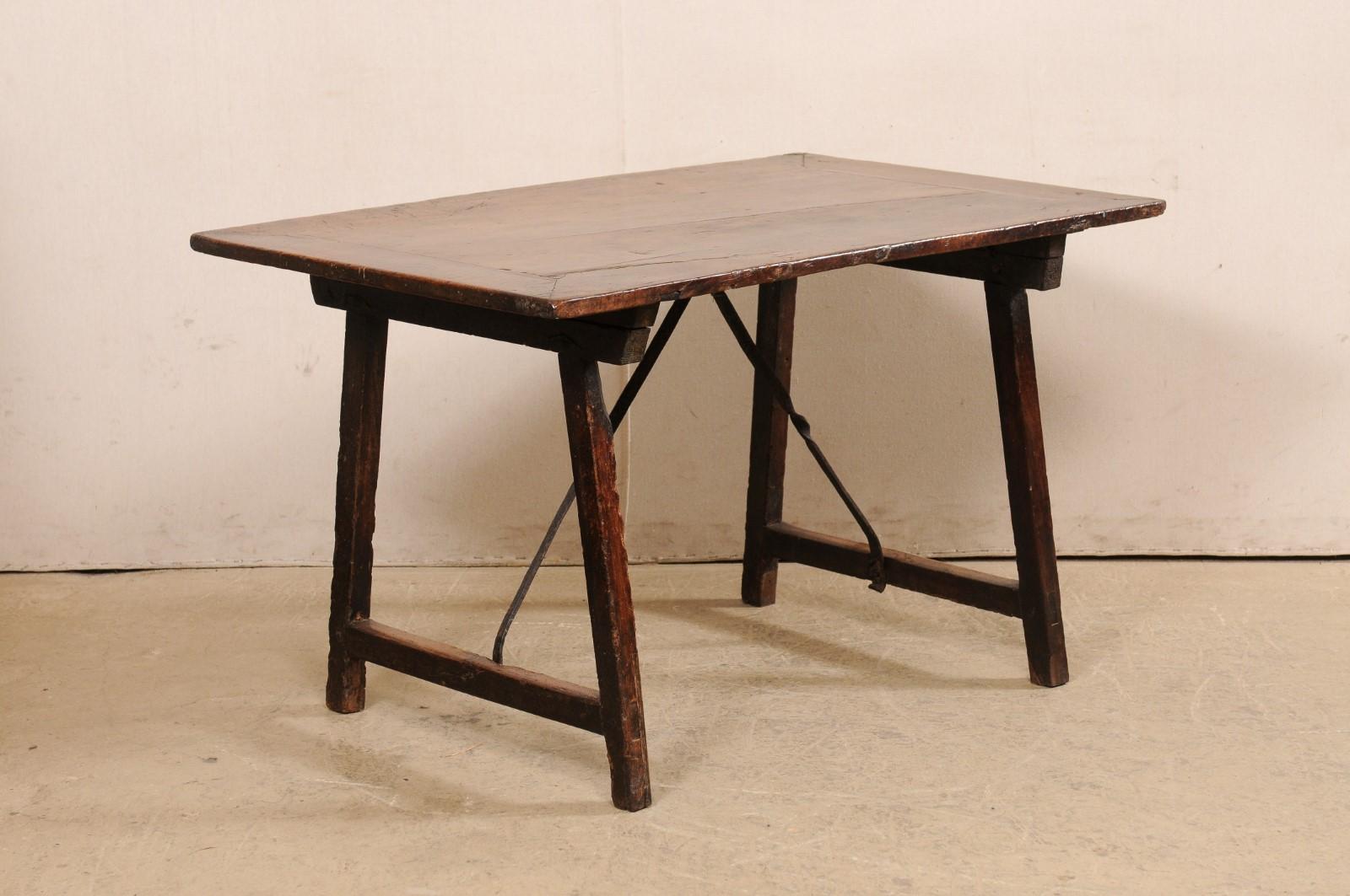 18th C. Italian Walnut Trestle Leg & Iron Stretcher Table 'or Desk' For Sale 4