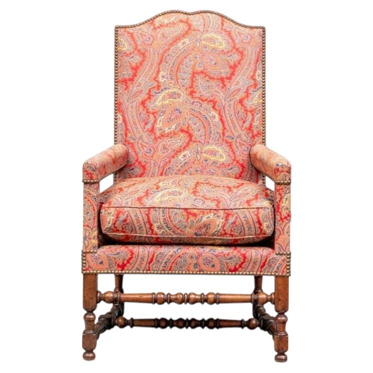 18th C. Jacobean Style Arm Chair In Colorful Tapestry Fabric