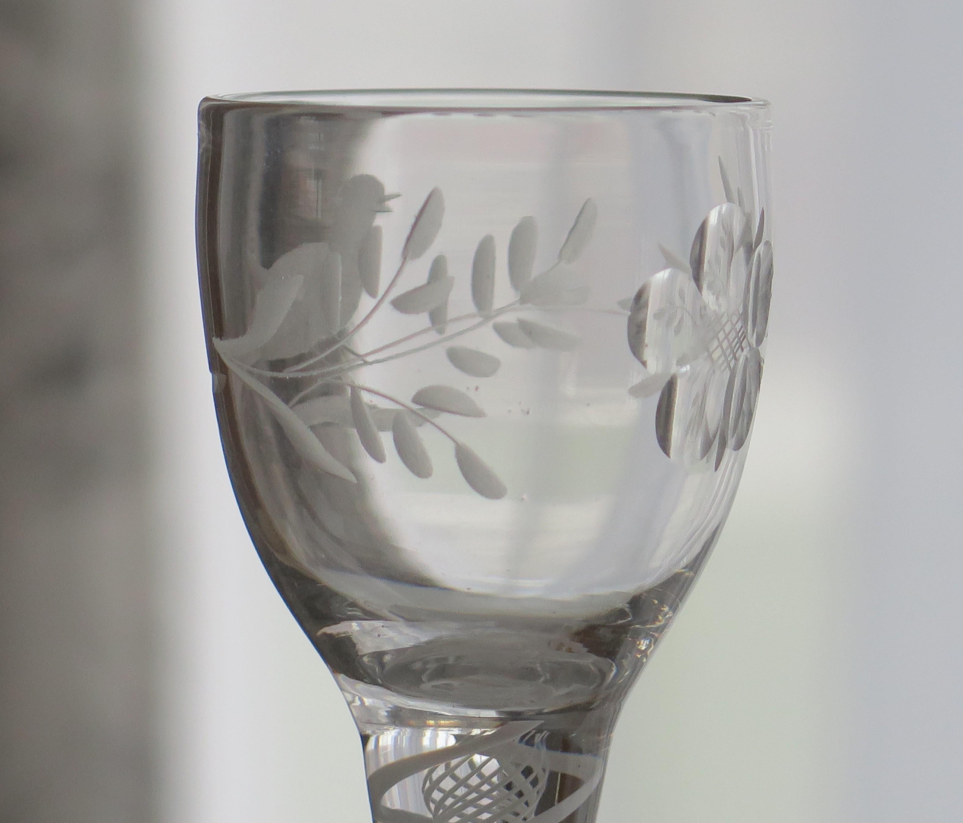 18th C Jacobite Wine Drinking Glass Engraved Bowl & Cotton Twist Stem, Ca 1760 In Good Condition In Lincoln, Lincolnshire