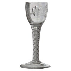 18th C Jacobite Wine Drinking Glass Engraved Bowl & Cotton Twist Stem, Ca 1760
