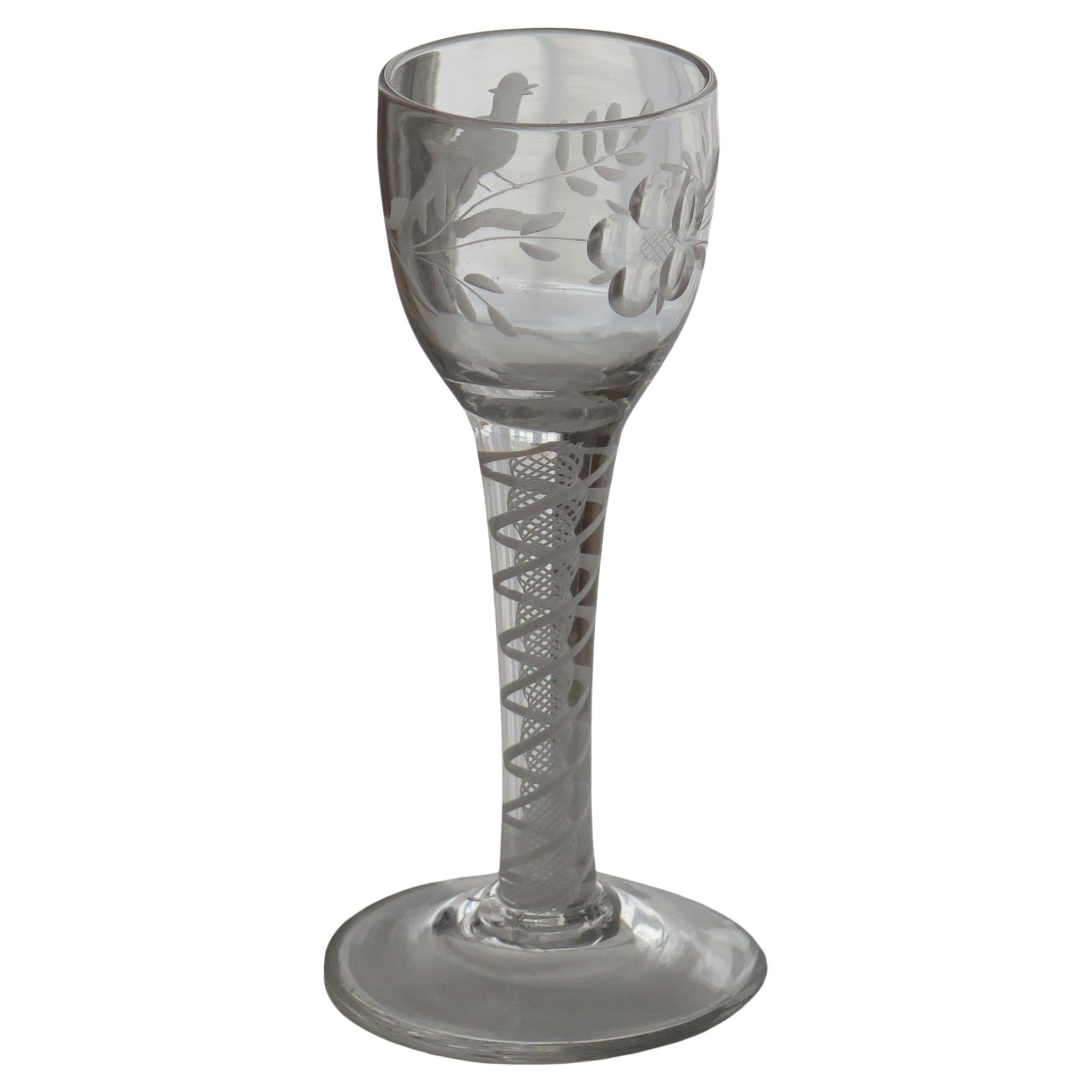 18th C Jacobite Wine Drinking Glass Engraved Bowl & Cotton Twist Stem, Ca 1760