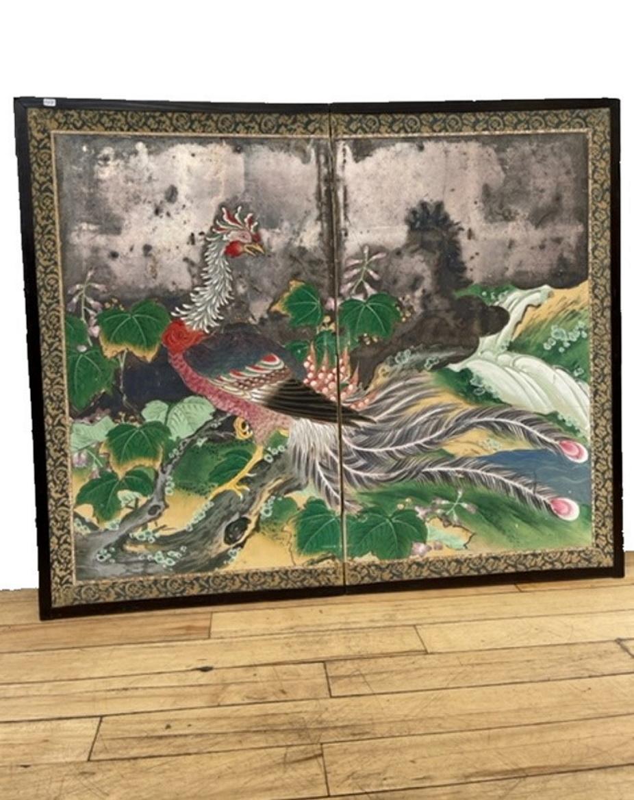 Japonisme Japanese Two-Panel Phoenix Screen, Edo Period, Ca. 1850 For Sale