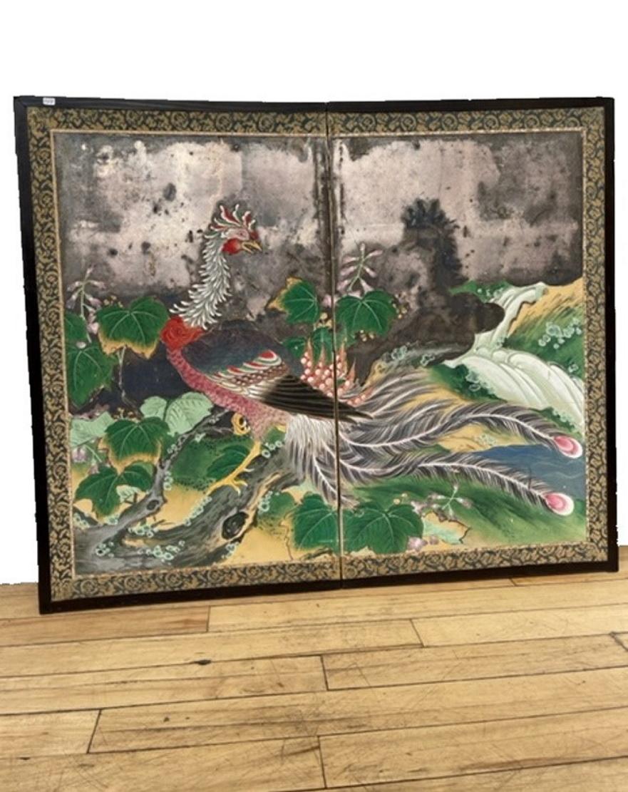Lacquered Japanese Two-Panel Phoenix Screen, Edo Period, Ca. 1850 For Sale