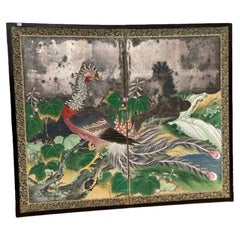 Japanese Two-Panel Phoenix Screen, Edo Period, Ca. 1850