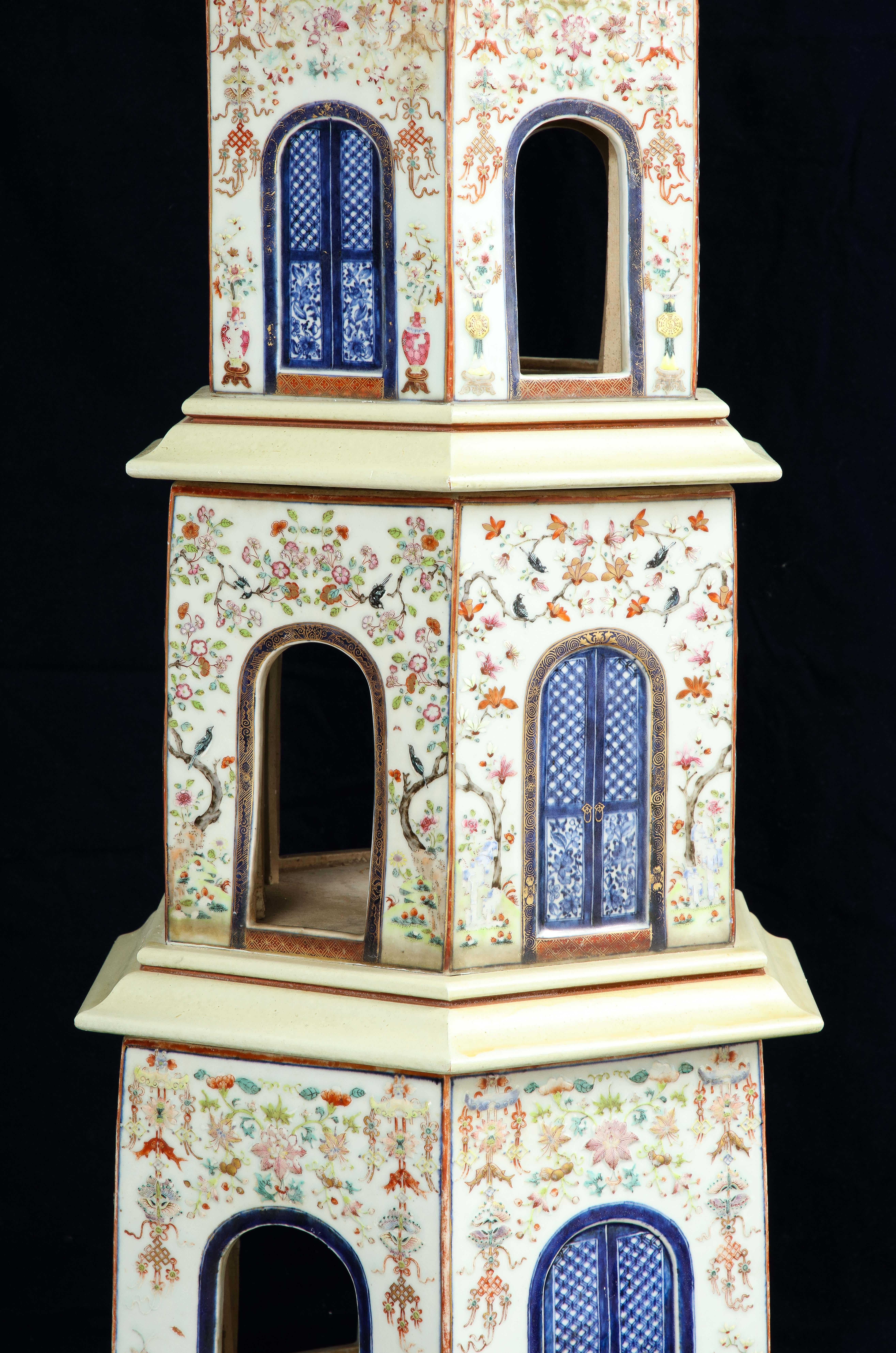 18th C. Large Chinese Qianlong Period Famille Rose Porcelain Pagoda Centerpiece 4