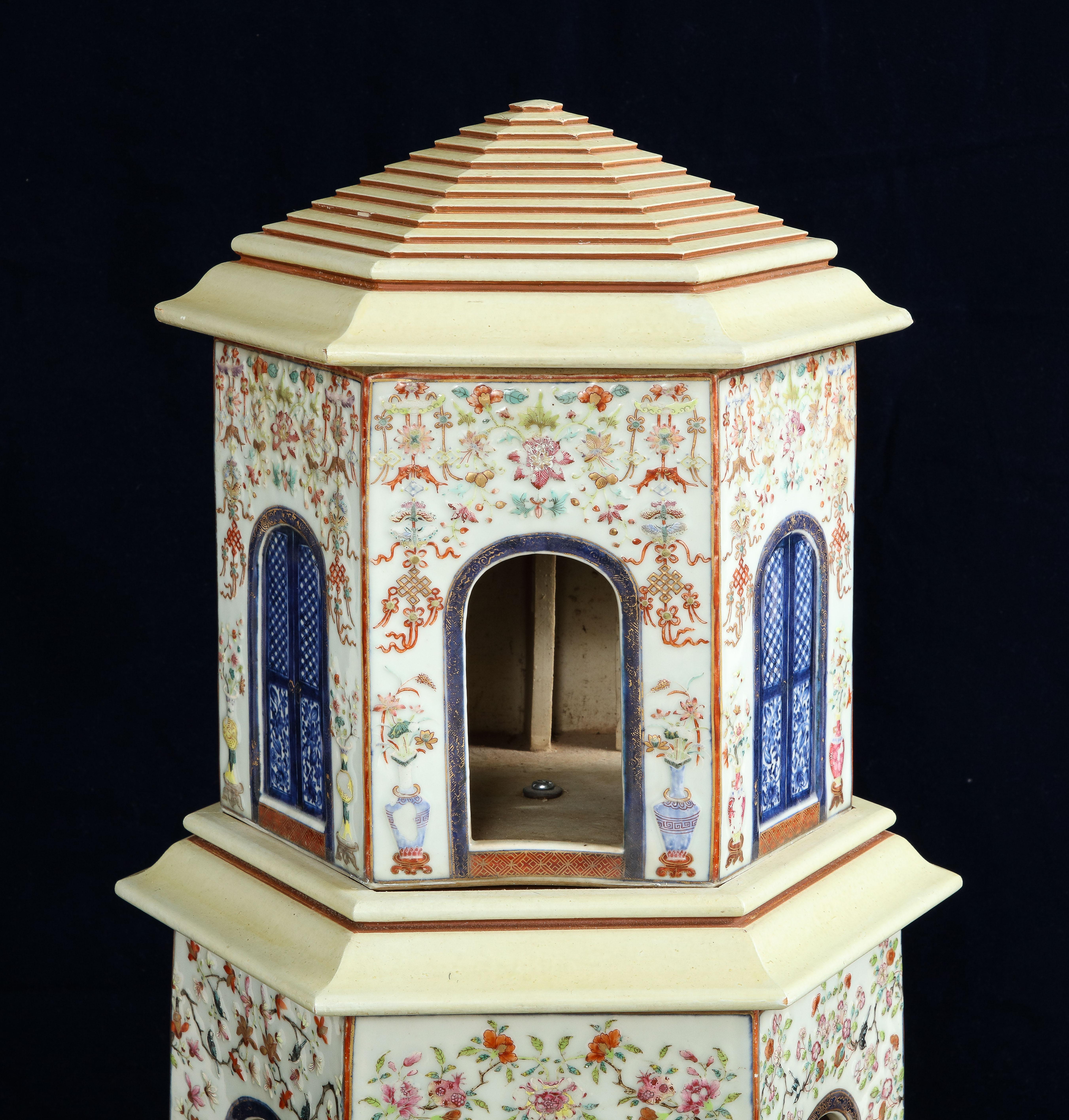 18th C. Large Chinese Qianlong Period Famille Rose Porcelain Pagoda Centerpiece For Sale 8