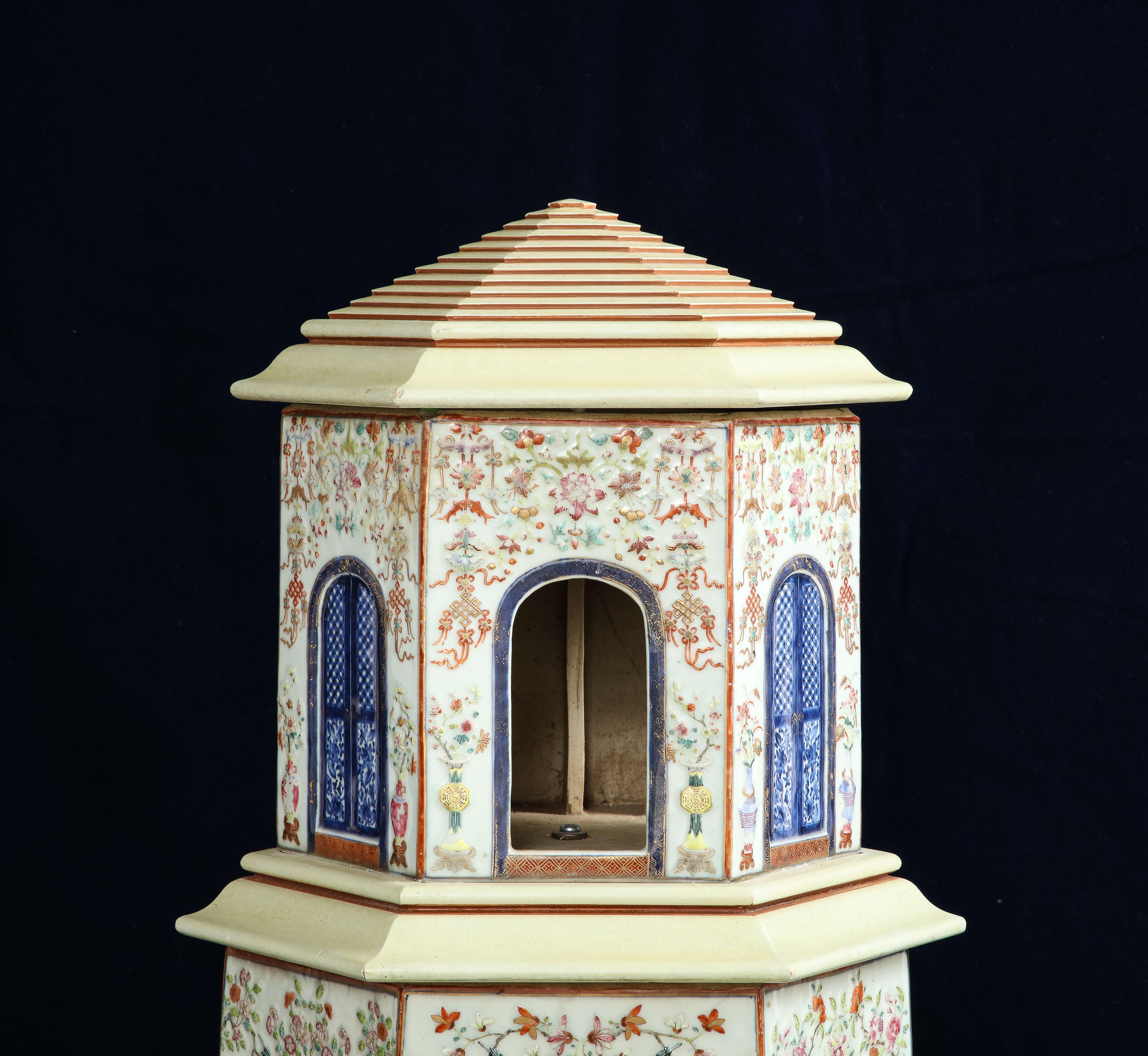 18th C. Large Chinese Qianlong Period Famille Rose Porcelain Pagoda Centerpiece For Sale 9