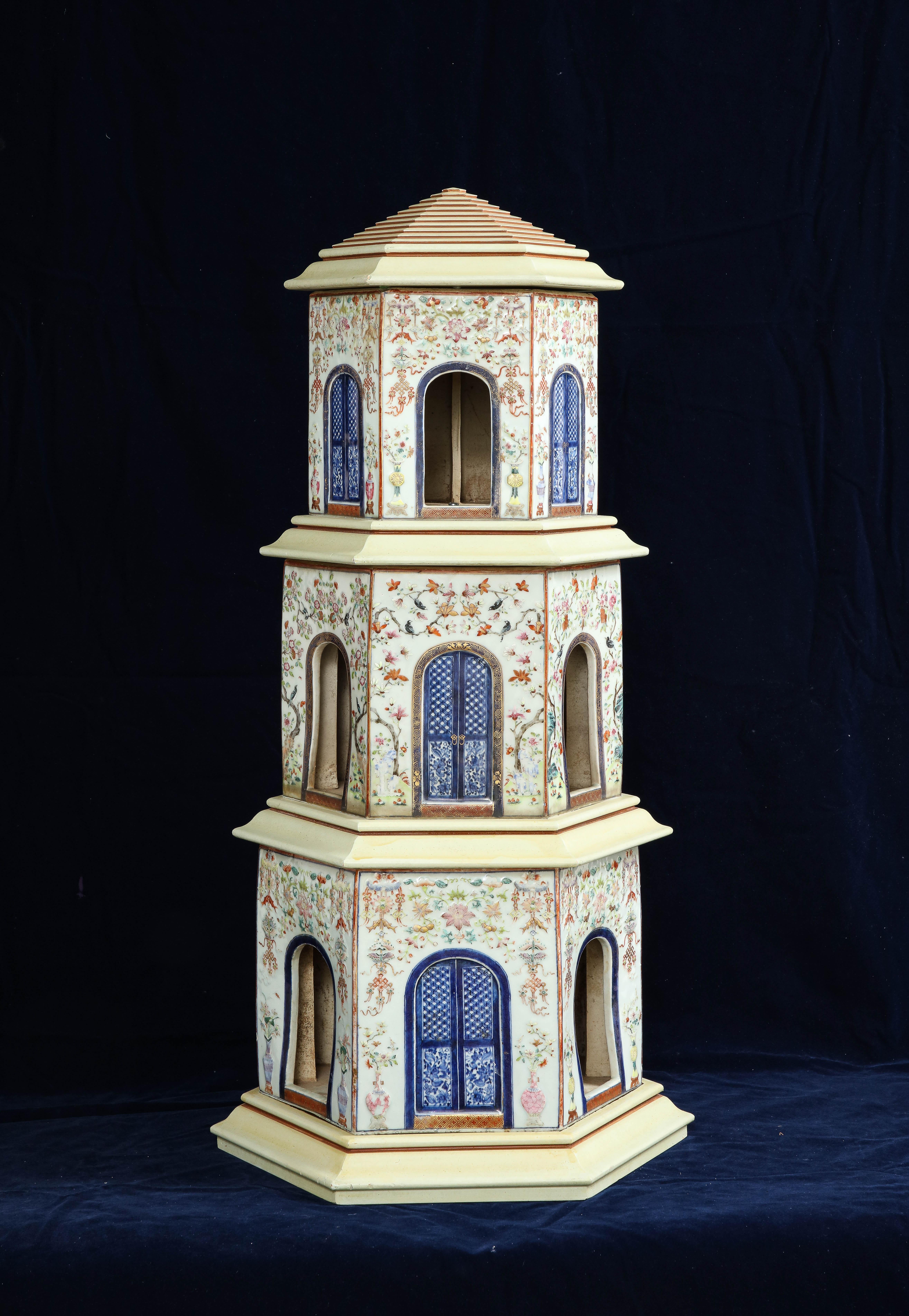 Enameled 18th C. Large Chinese Qianlong Period Famille Rose Porcelain Pagoda Centerpiece For Sale