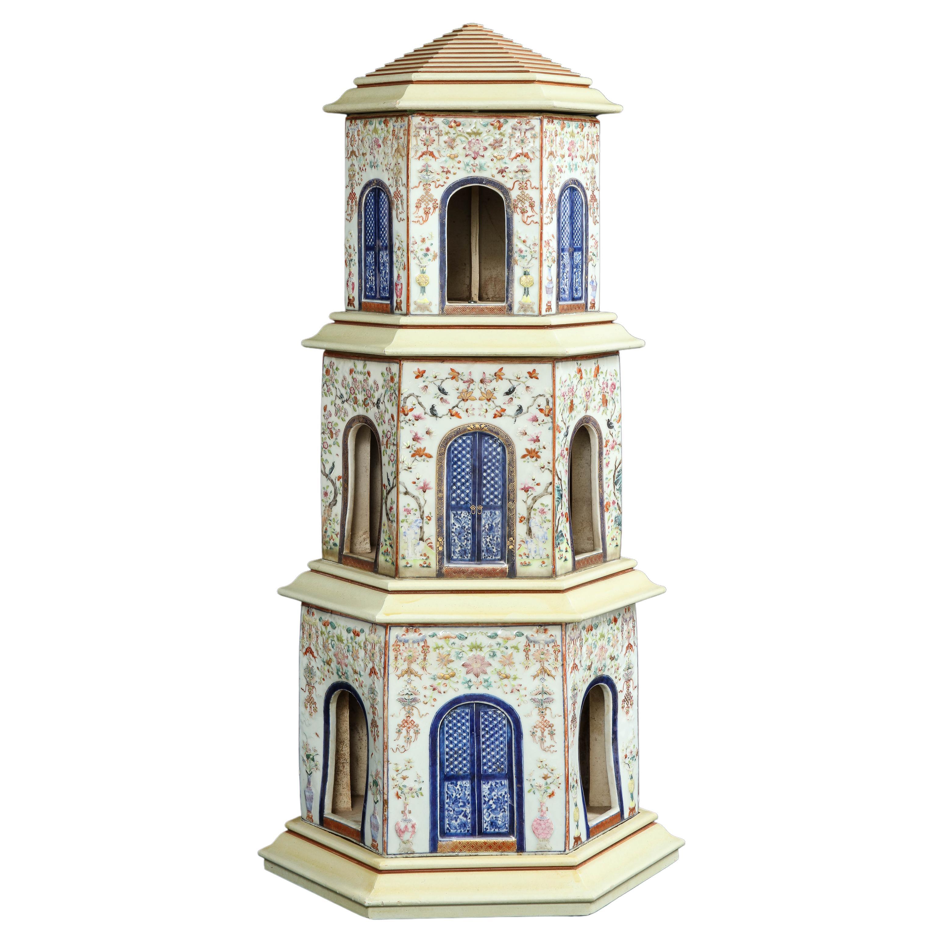 18th C. Large Chinese Qianlong Period Famille Rose Porcelain Pagoda Centerpiece