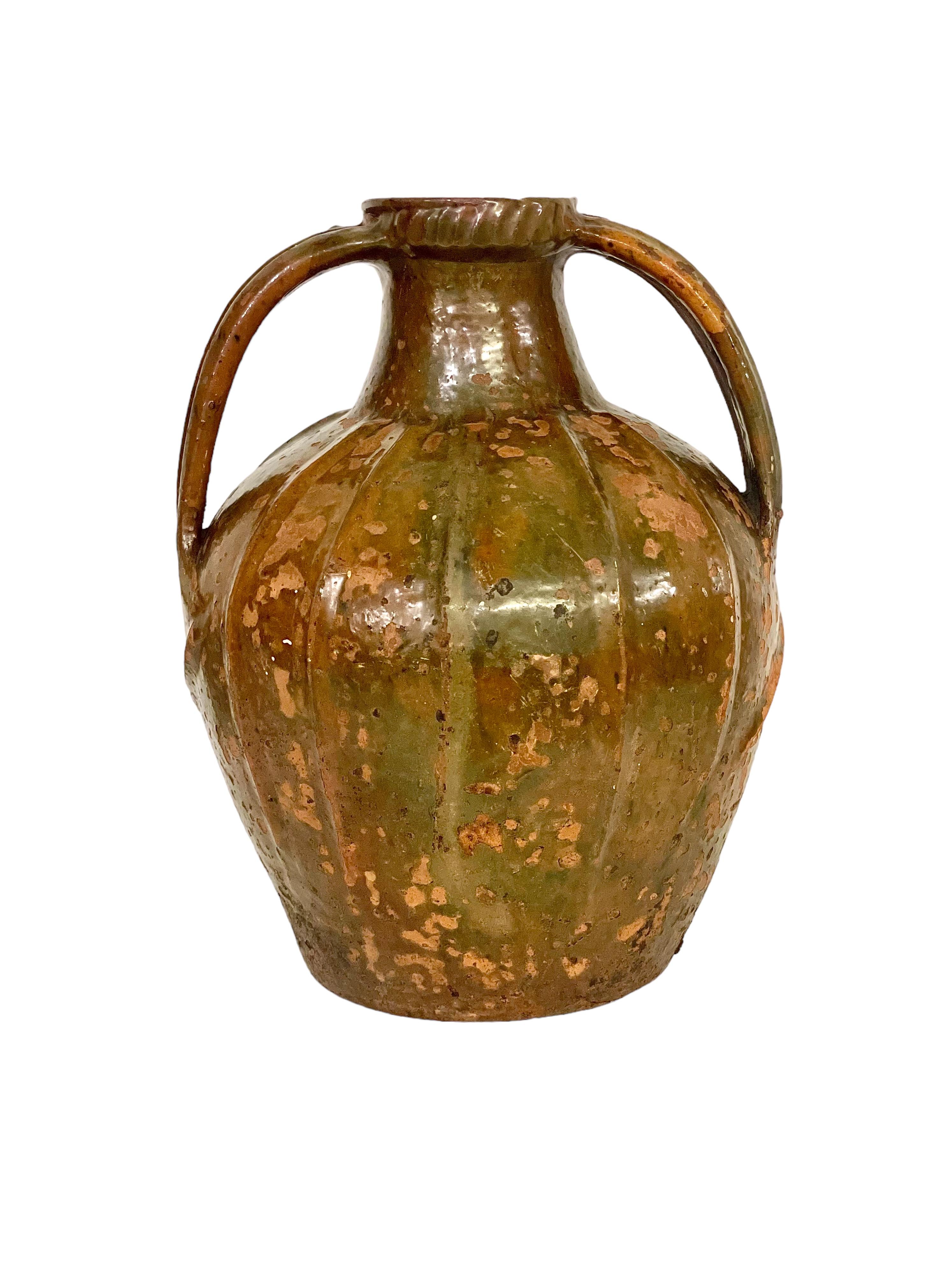18th Century and Earlier 18th C. Large Glazed Terracotta Walnut Oil Jug with Two Side Handles For Sale
