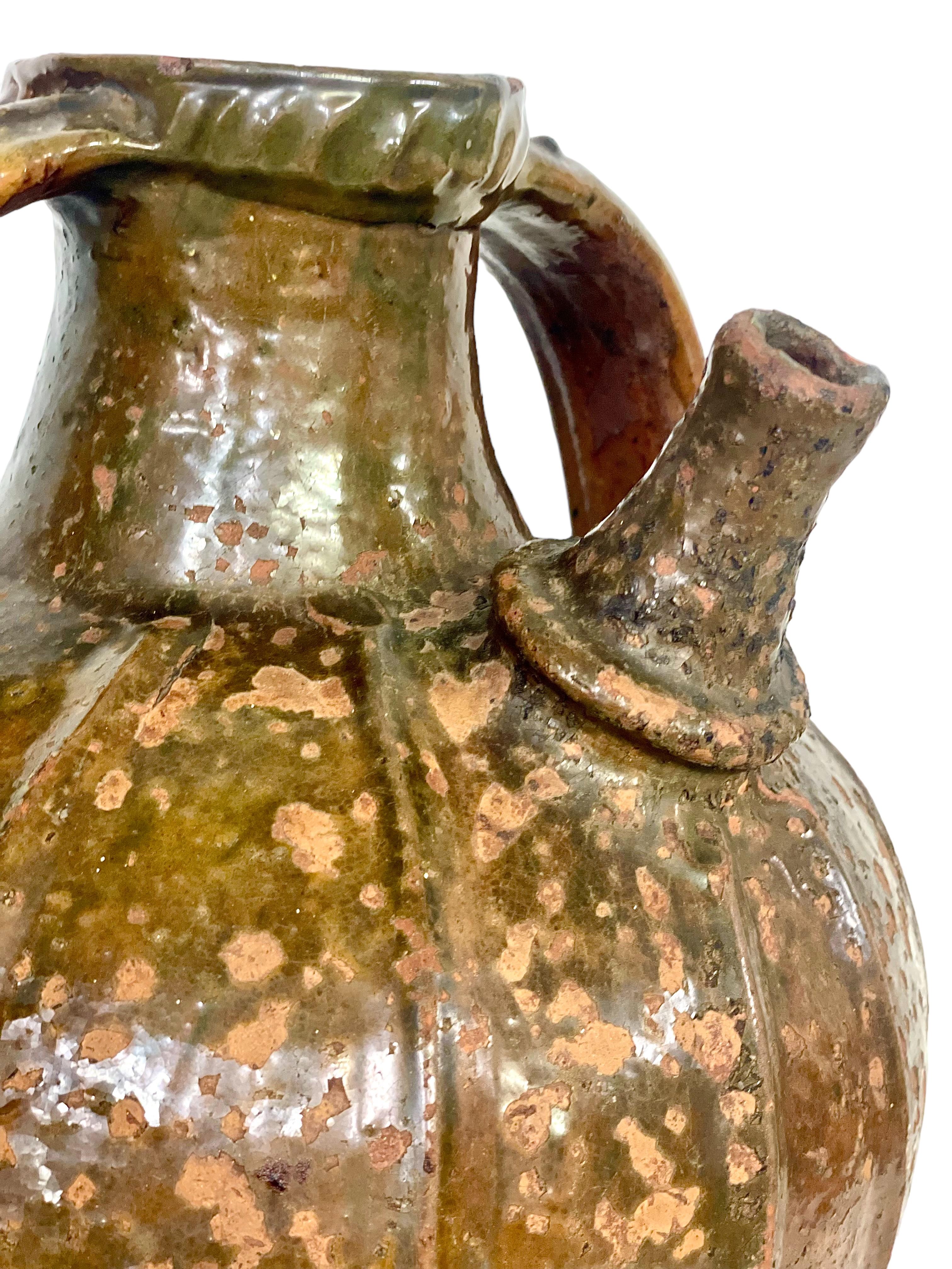18th C. Large Glazed Terracotta Walnut Oil Jug with Two Side Handles For Sale 2