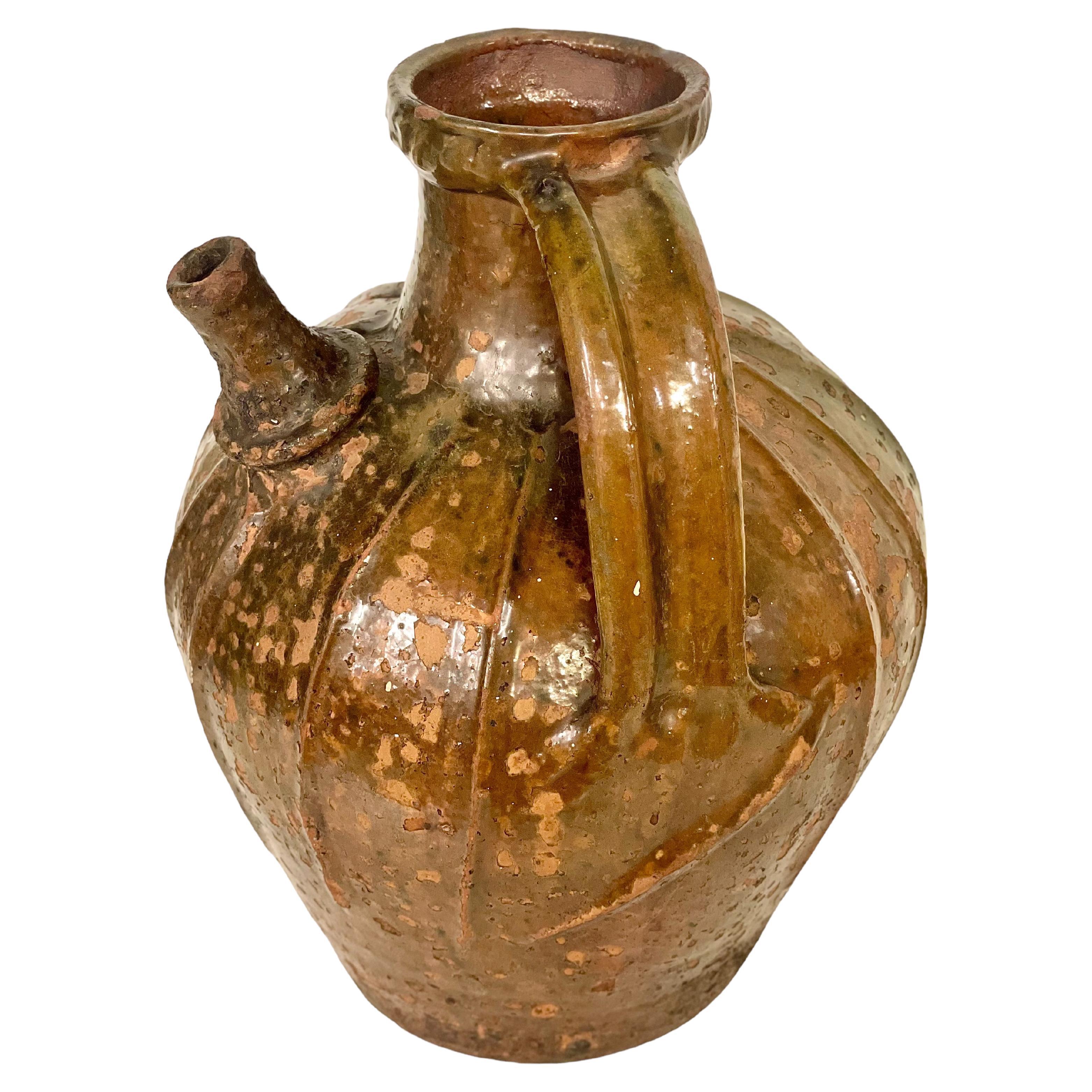 18th C. Large Glazed Terracotta Walnut Oil Jug with Two Side Handles For Sale
