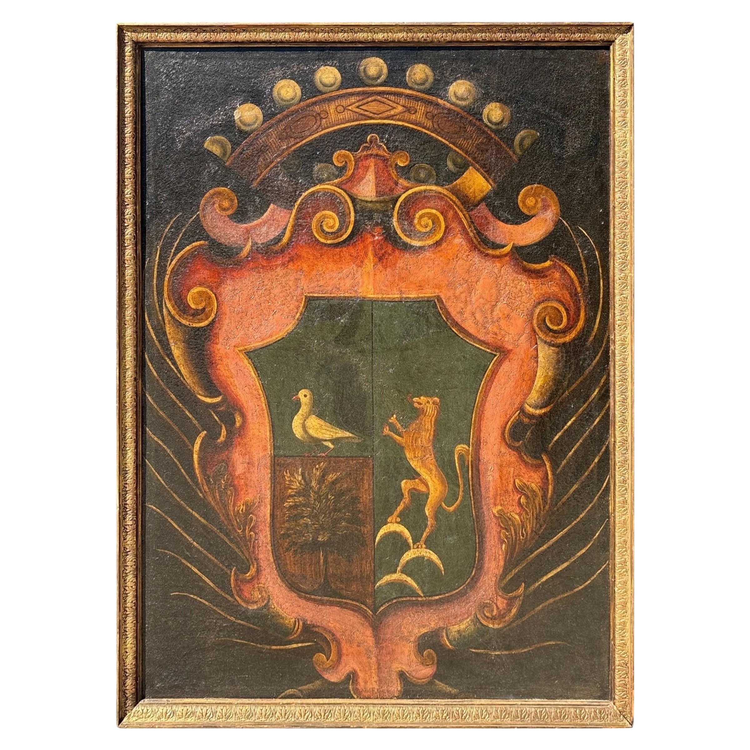 18th C Large Hand Painted Italian Armorial Shield Coat of Arms on Canvas