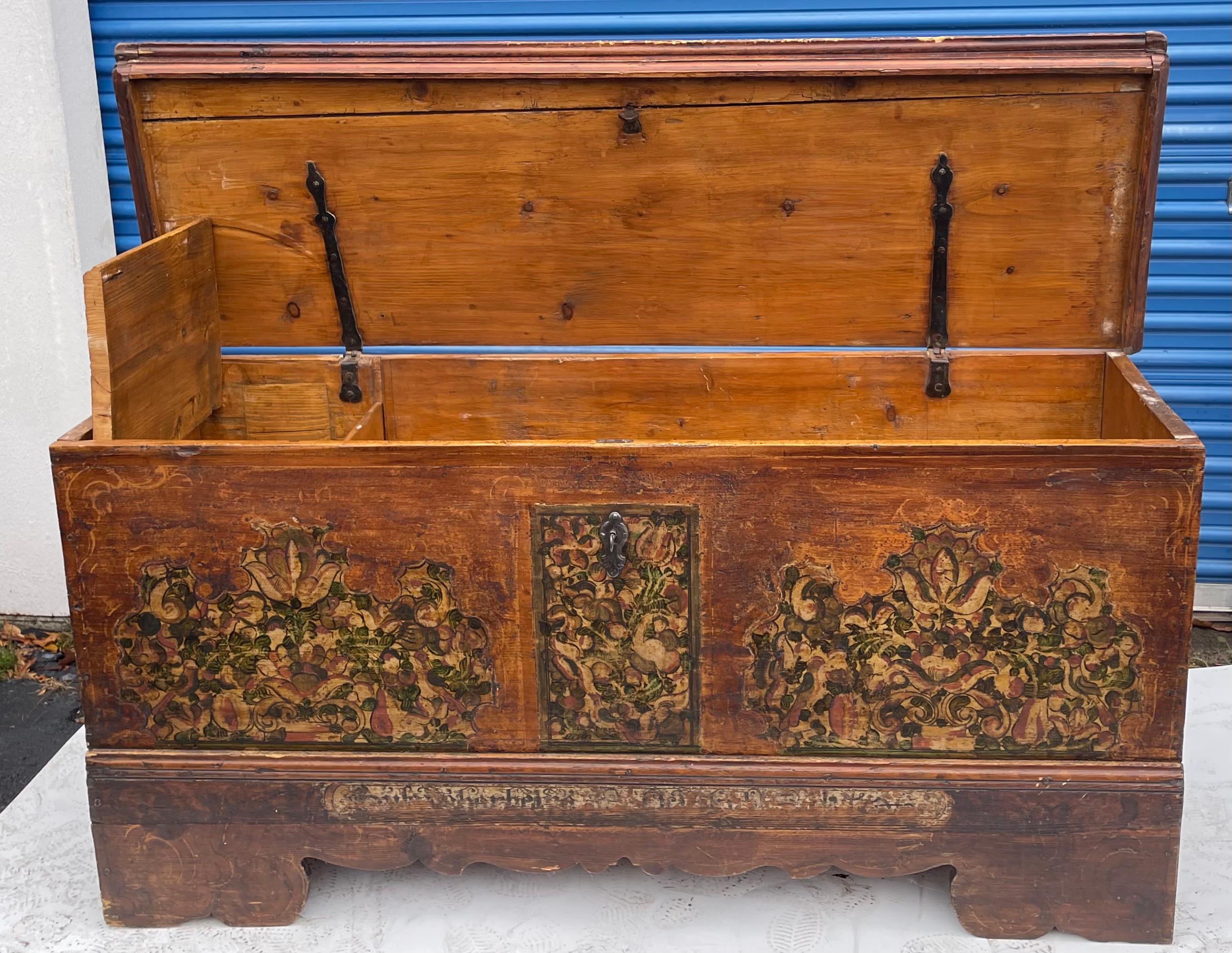 18th-C. Large Scale Hand Painted Continental / Swedish Pine Coffer or Trunk For Sale 8