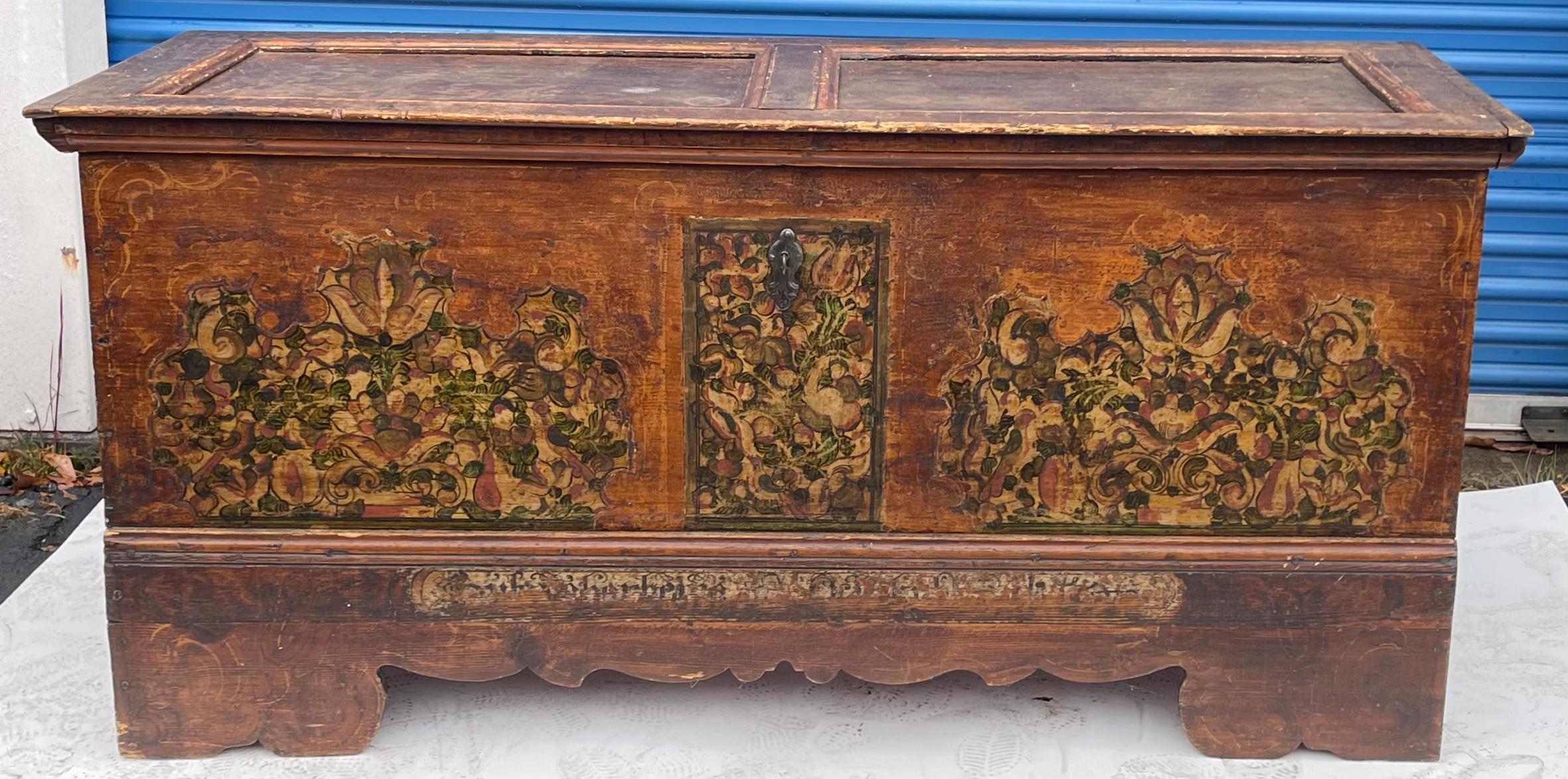 Rustic 18th-C. Large Scale Hand Painted Continental / Swedish Pine Coffer or Trunk For Sale