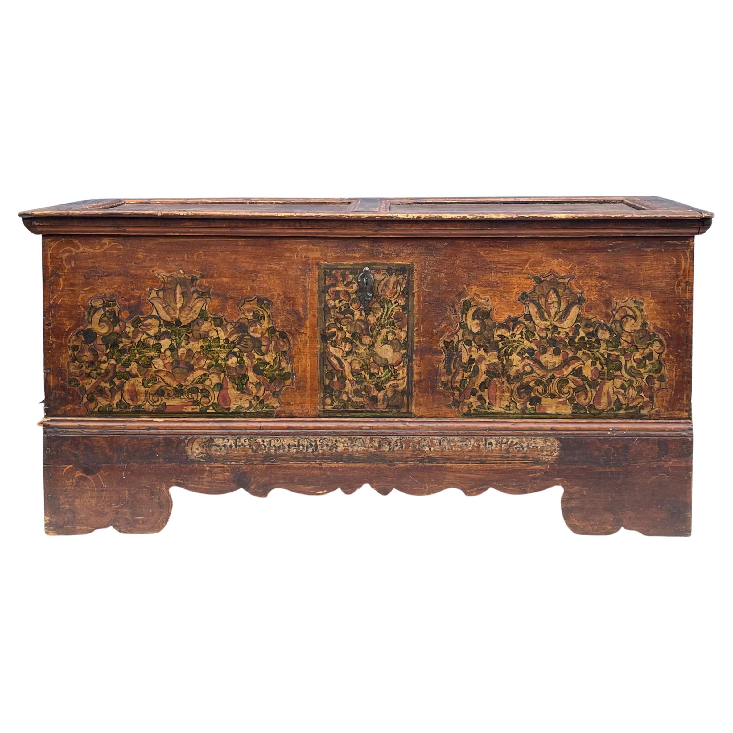 18th-C. Large Scale Hand Painted Continental / Swedish Pine Coffer or Trunk For Sale