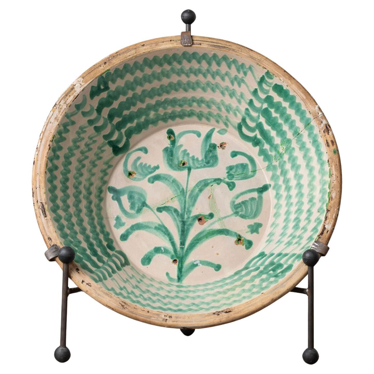 18th c. Large Spanish Green Fajalauza Lebrillo Bowl from Granada For Sale