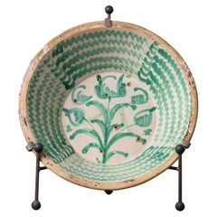 Antique 18th c. Large Spanish Green Fajalauza Lebrillo Bowl from Granada