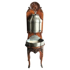 A.I.C. Lavabo Wall Fountain Pewter Basin sink on Hand Carved Wood Stand Antique
