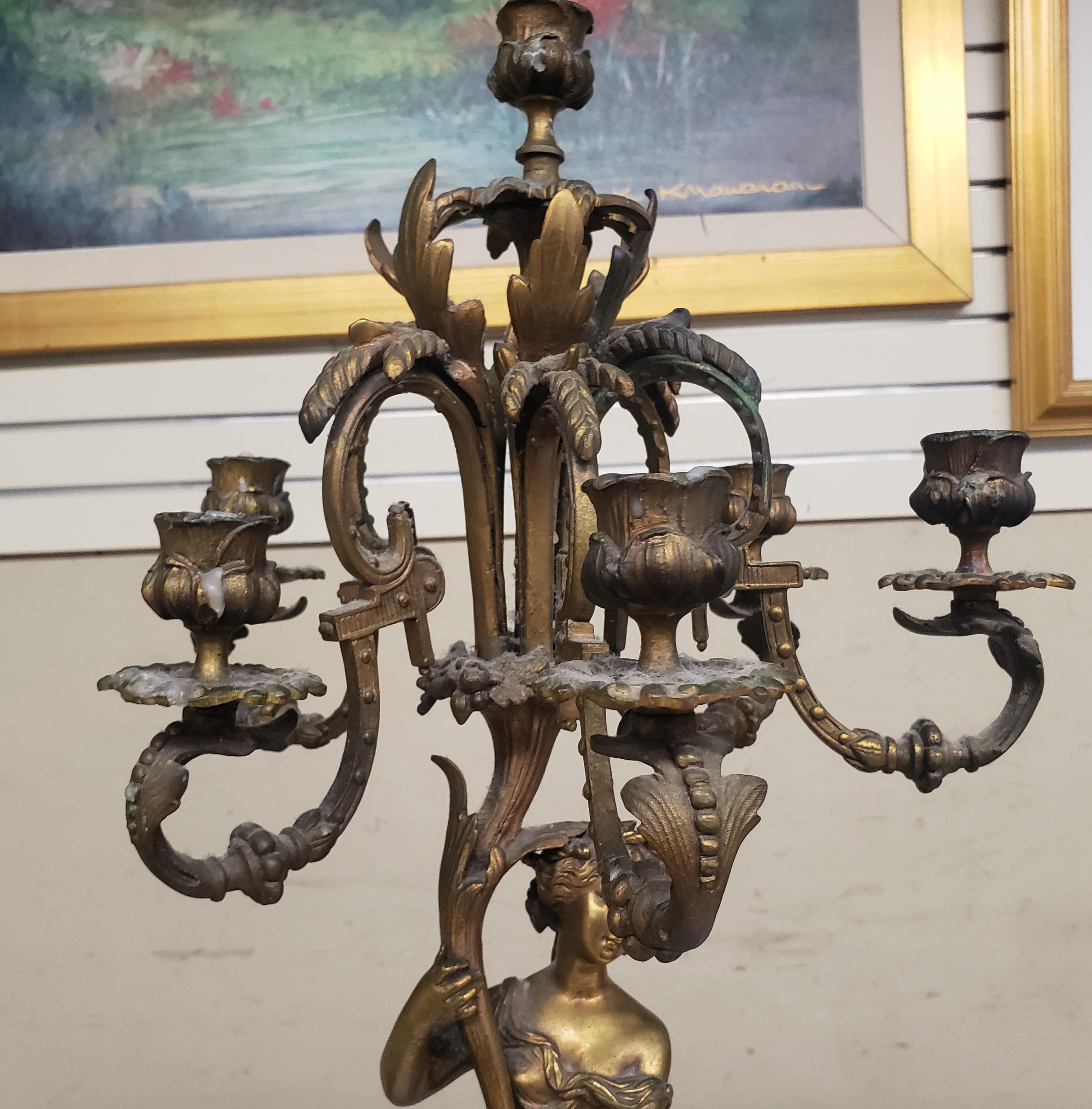 French 18th C. Louis-Philippe Bronze Ormolu W White & Rouge Marble Figural Candelabrum For Sale