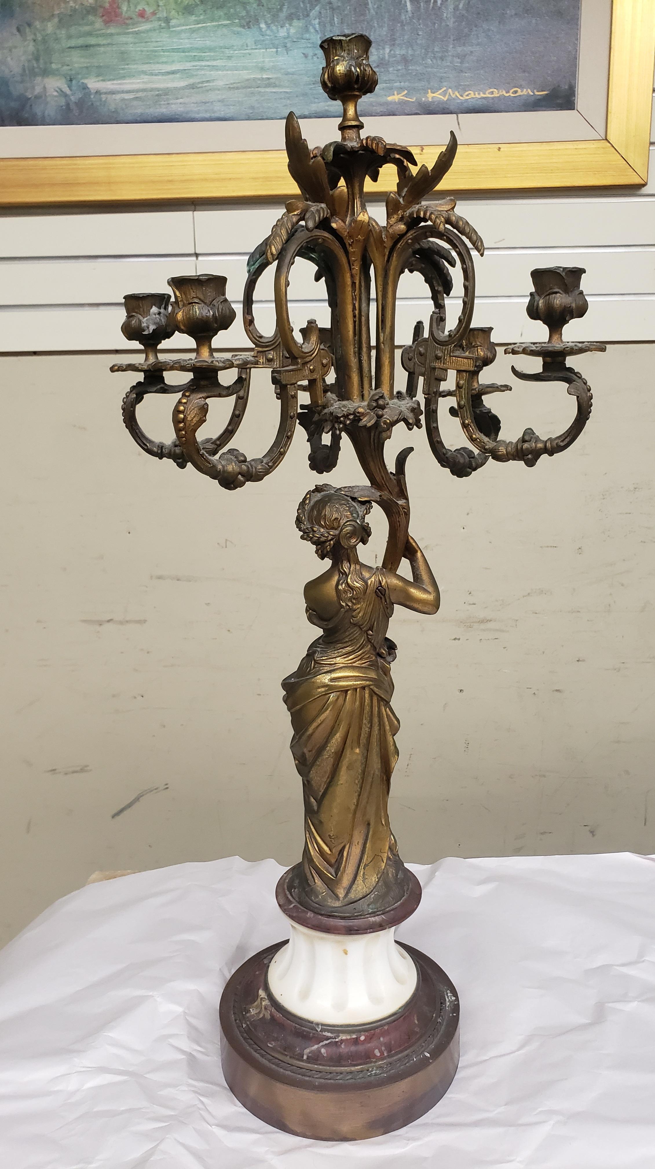 18th Century and Earlier 18th C. Louis-Philippe Bronze Ormolu W White & Rouge Marble Figural Candelabrum For Sale