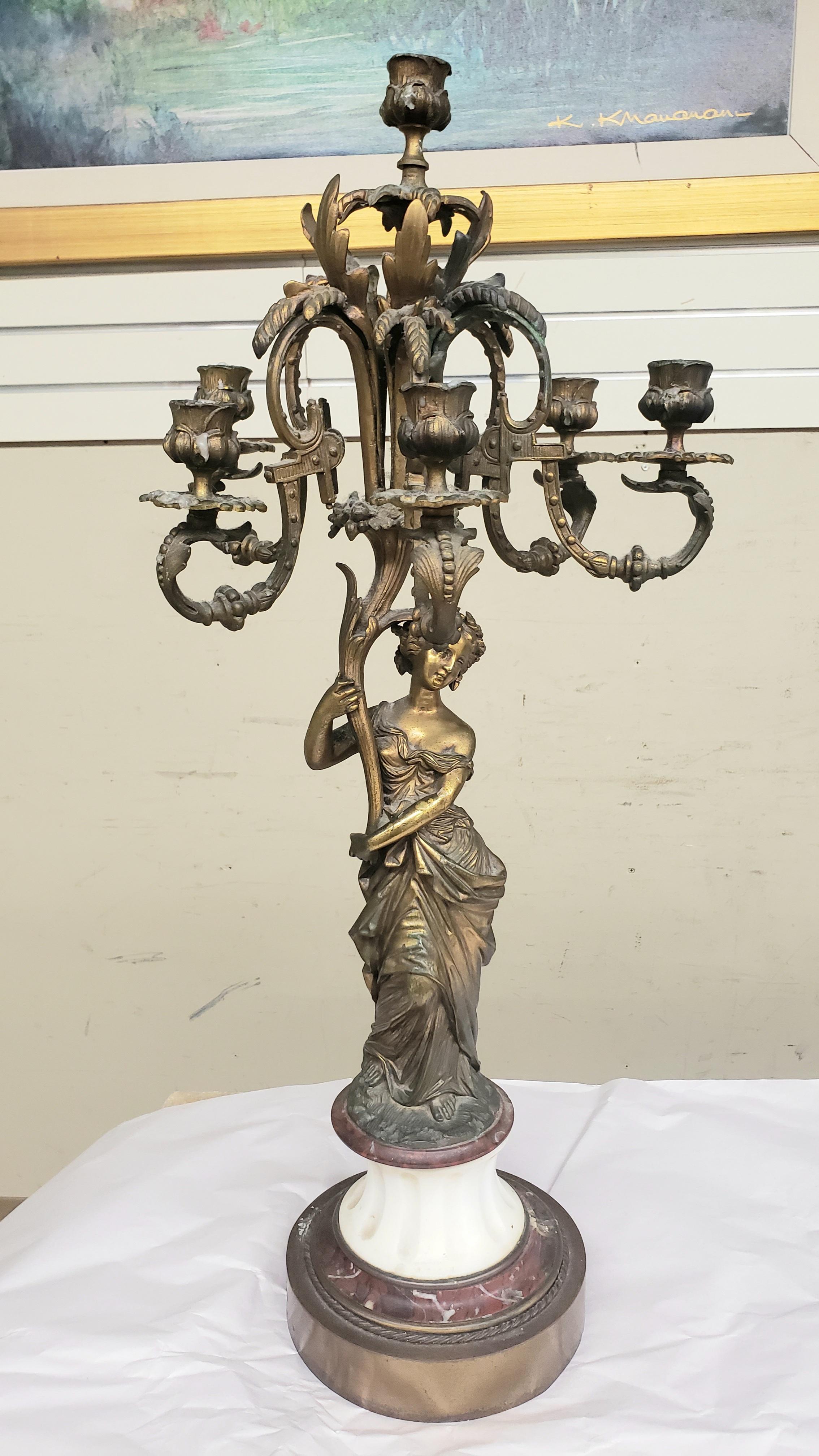 18th C. Louis-Philippe Bronze Ormolu W White & Rouge Marble Figural Candelabrum For Sale