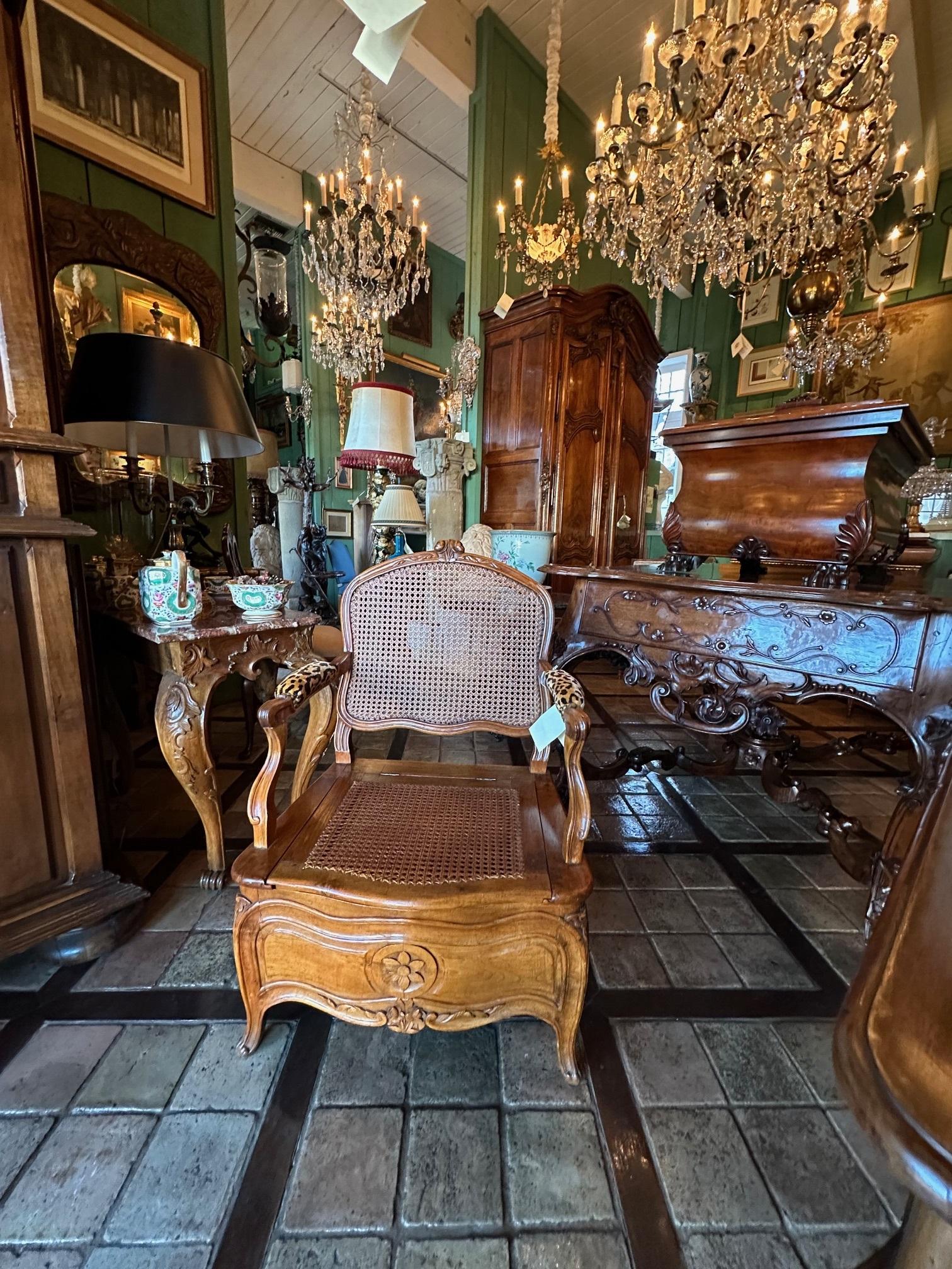 18th C. Louis XV Beach wood and Cain Arm Chair Chaise Percée Side chair. Antique For Sale 1