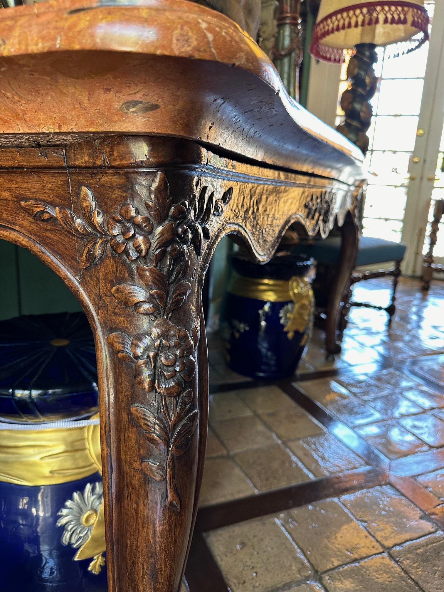 Hand-Carved 18th C. Louis XV Console Entrance Hunting serving Table Carved Stone & Wood farm For Sale