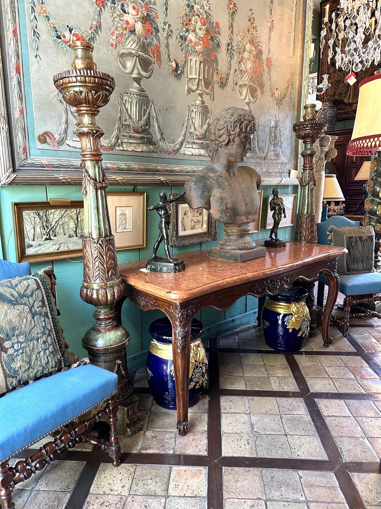 18th Century and Earlier 18th C. Louis XV Console Entrance Hunting serving Table Carved Stone & Wood farm For Sale