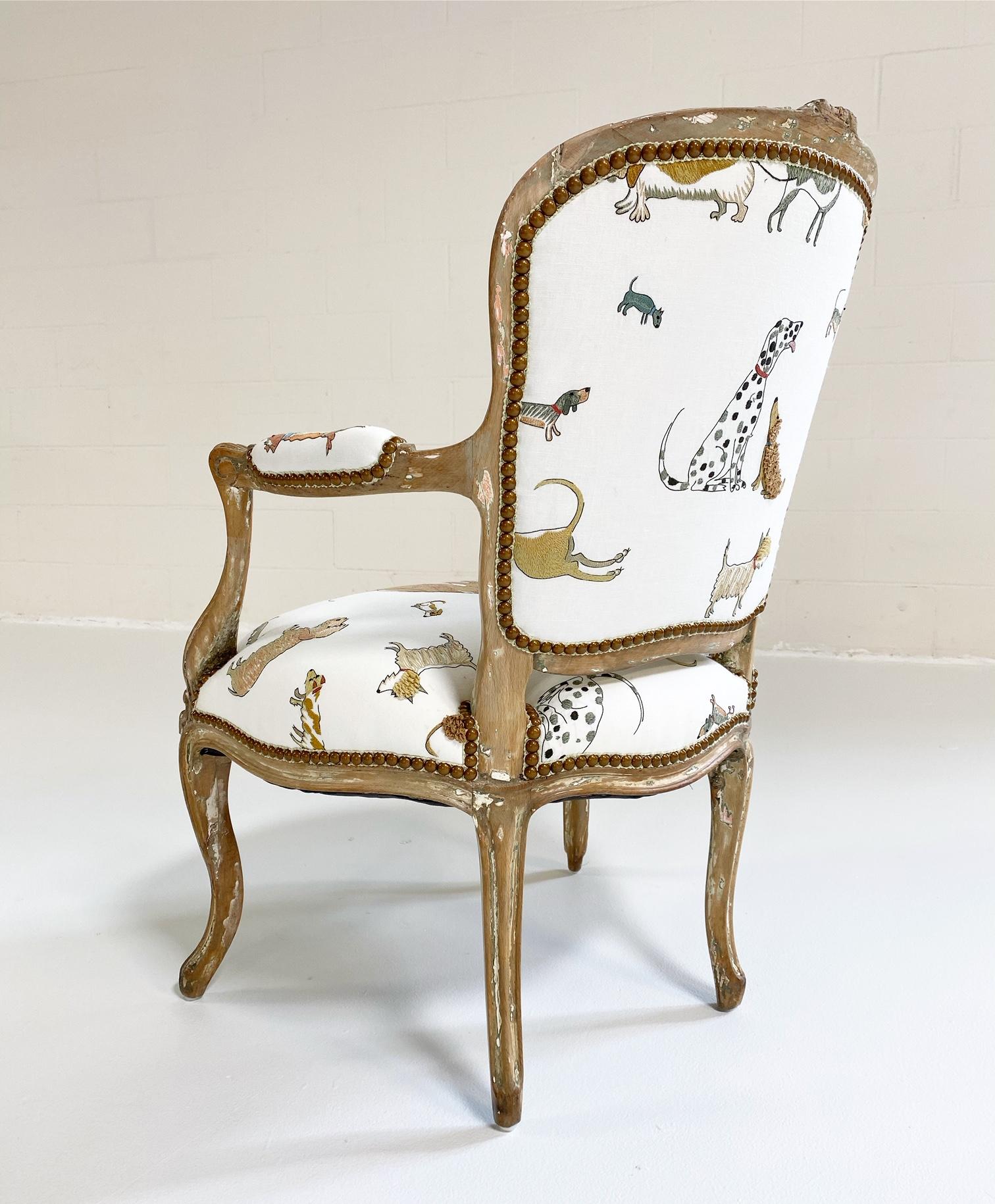 We love the frame of this antique chair. Stripped of earlier paint treatments, there are remnants of white, red, and green paints in the recesses. A perfectly-aged patina ripe for something modern, lively, and fun. We chose a favorite fabric,