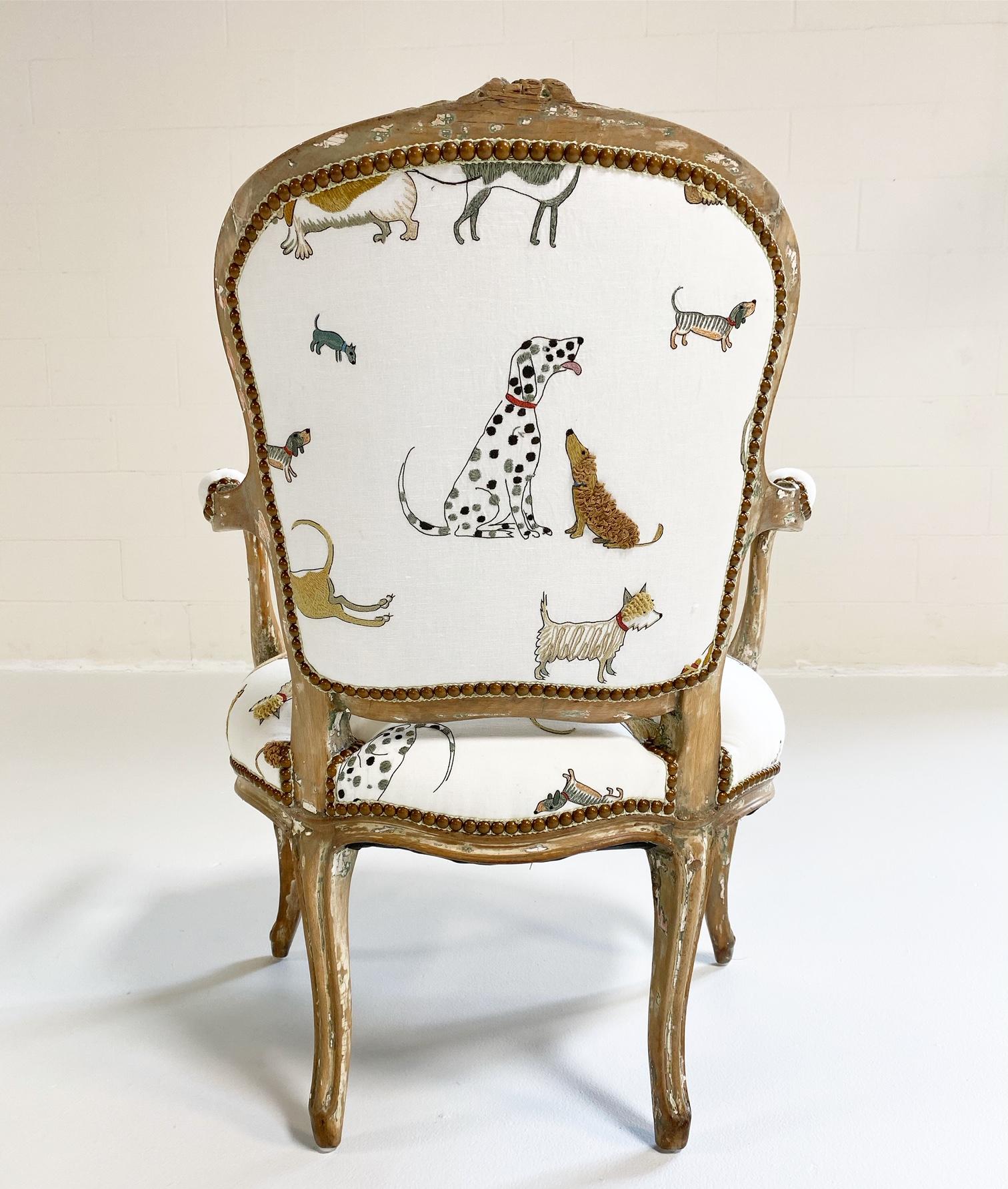 18th Century and Earlier 18th Century Louis XV Fauteuil in Chelsea Textiles 'Dogs Socialising'