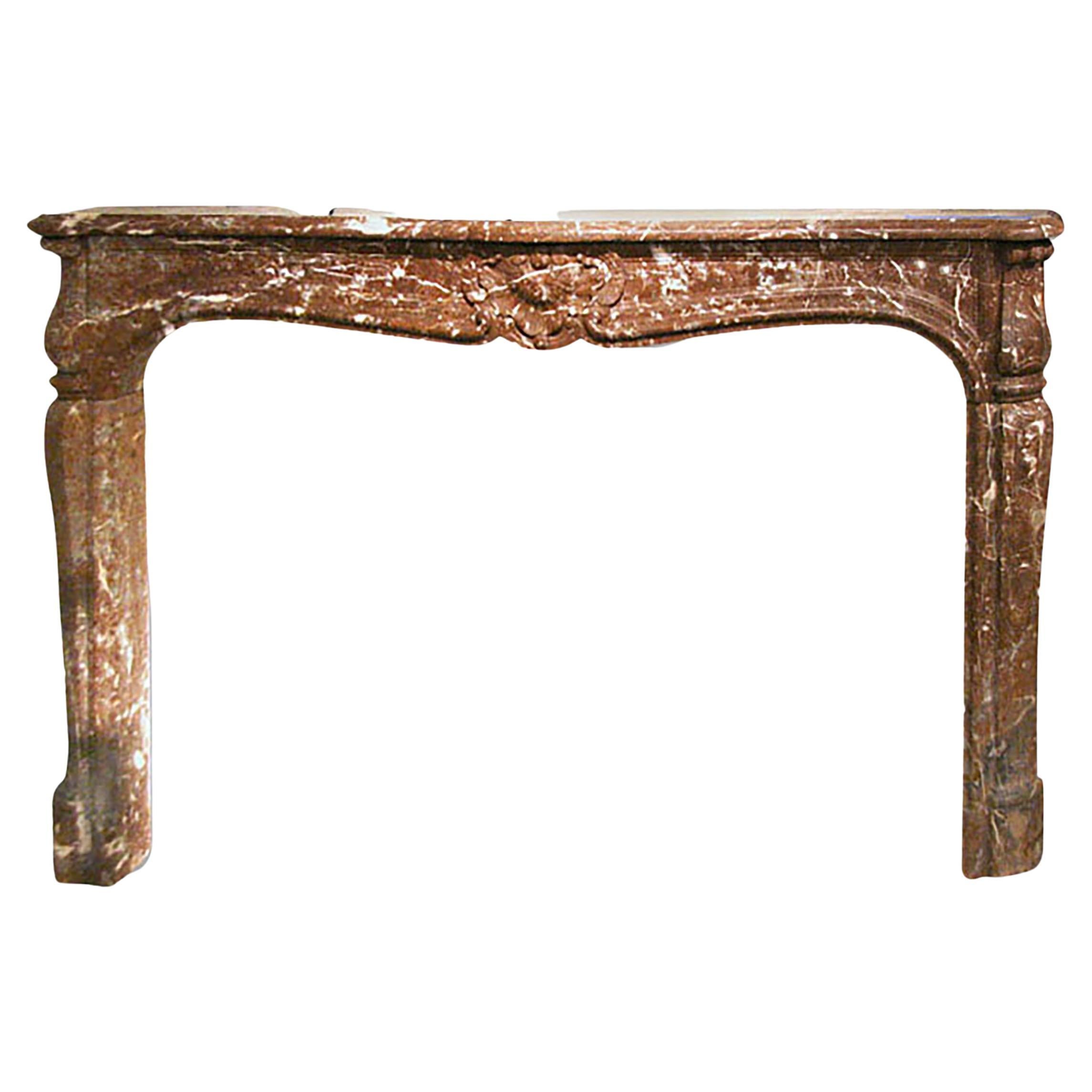 18th C Louis XV Mantel Hand Carved Rouge Royale Marble Brown For Sale