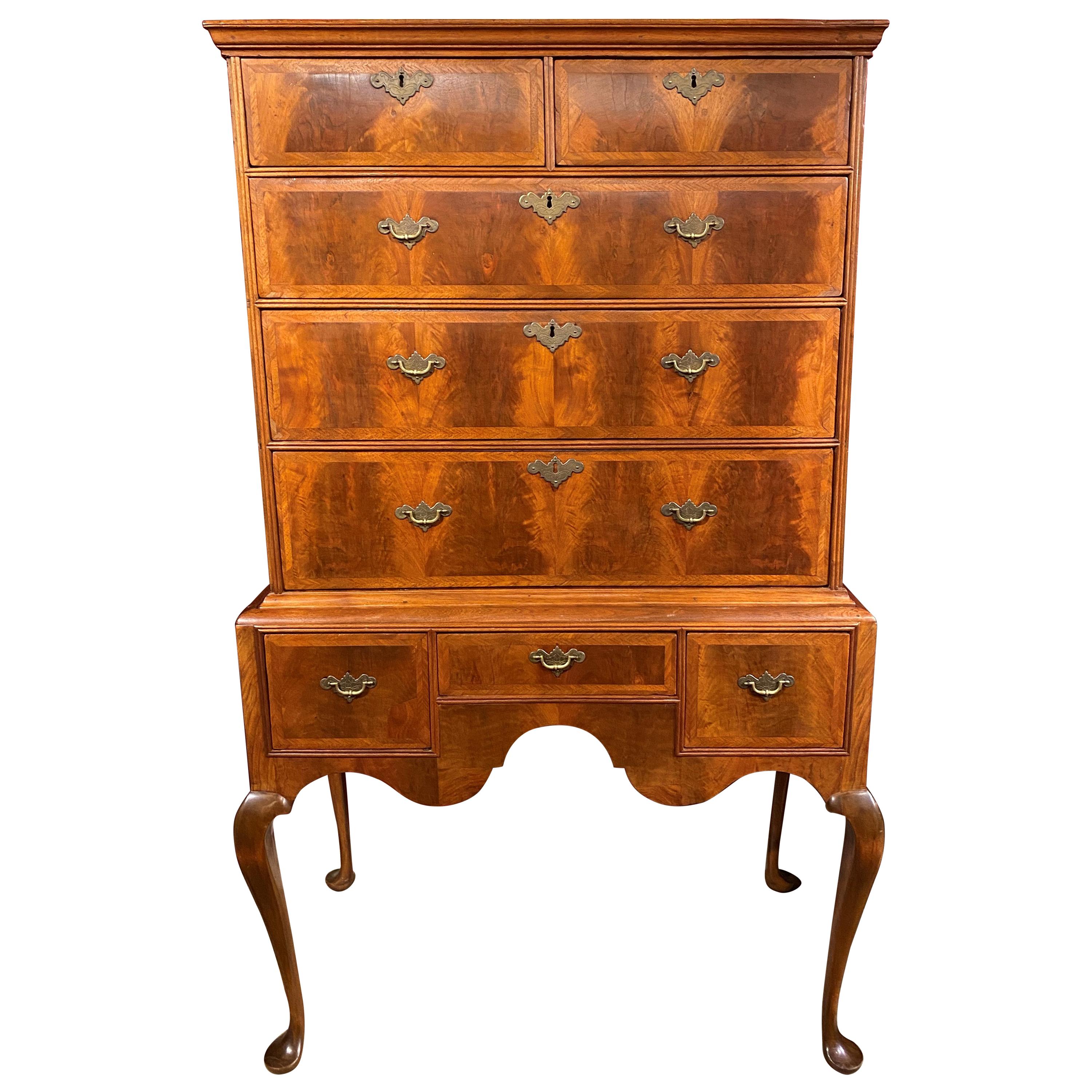 18th c Massachusetts Walnut Veneered Highboy with Crossbanded Drawers