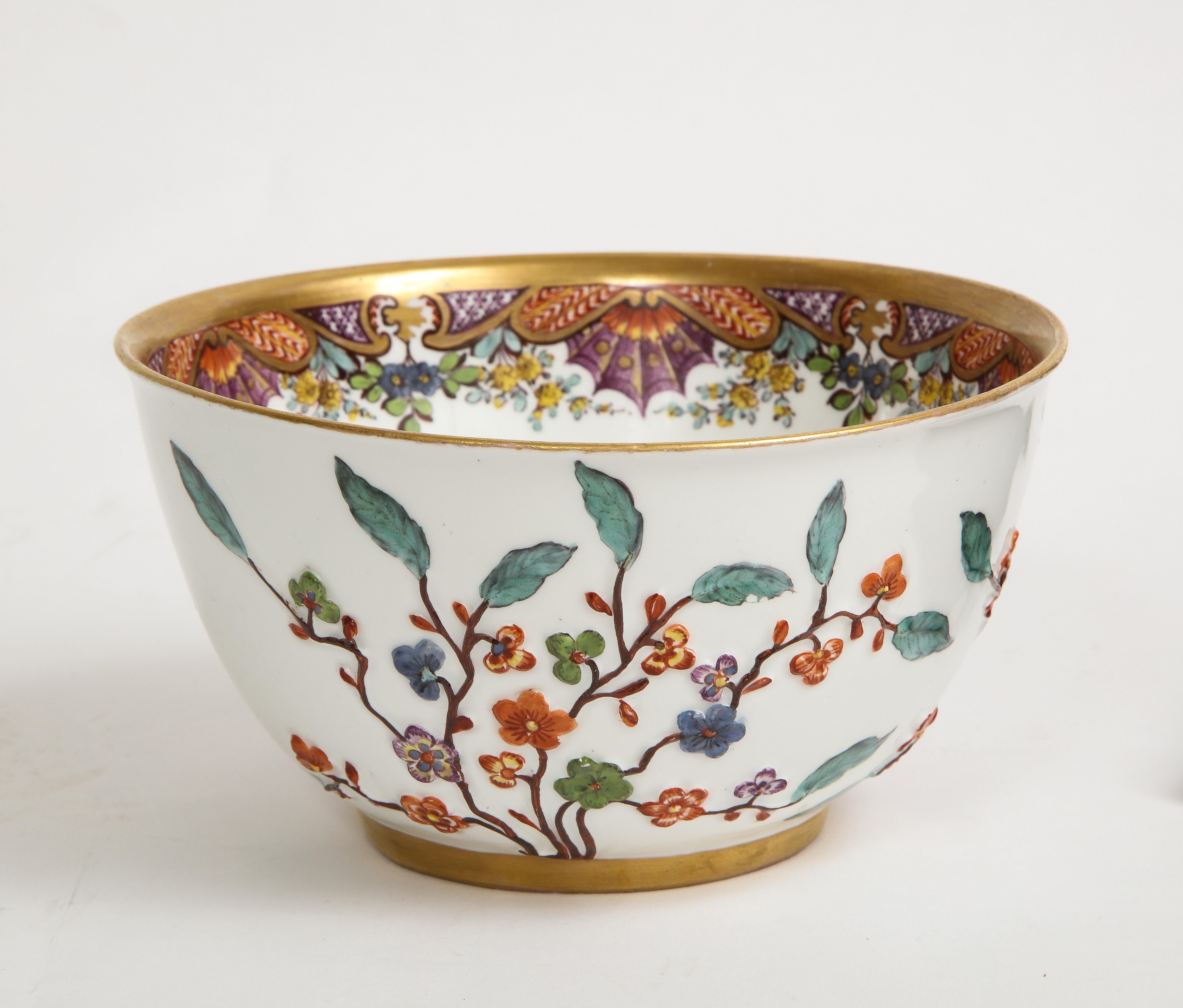 German 18th C. Meissen Hausmaler Decorated Bowl with High Relief Multi-Colored Flowers For Sale