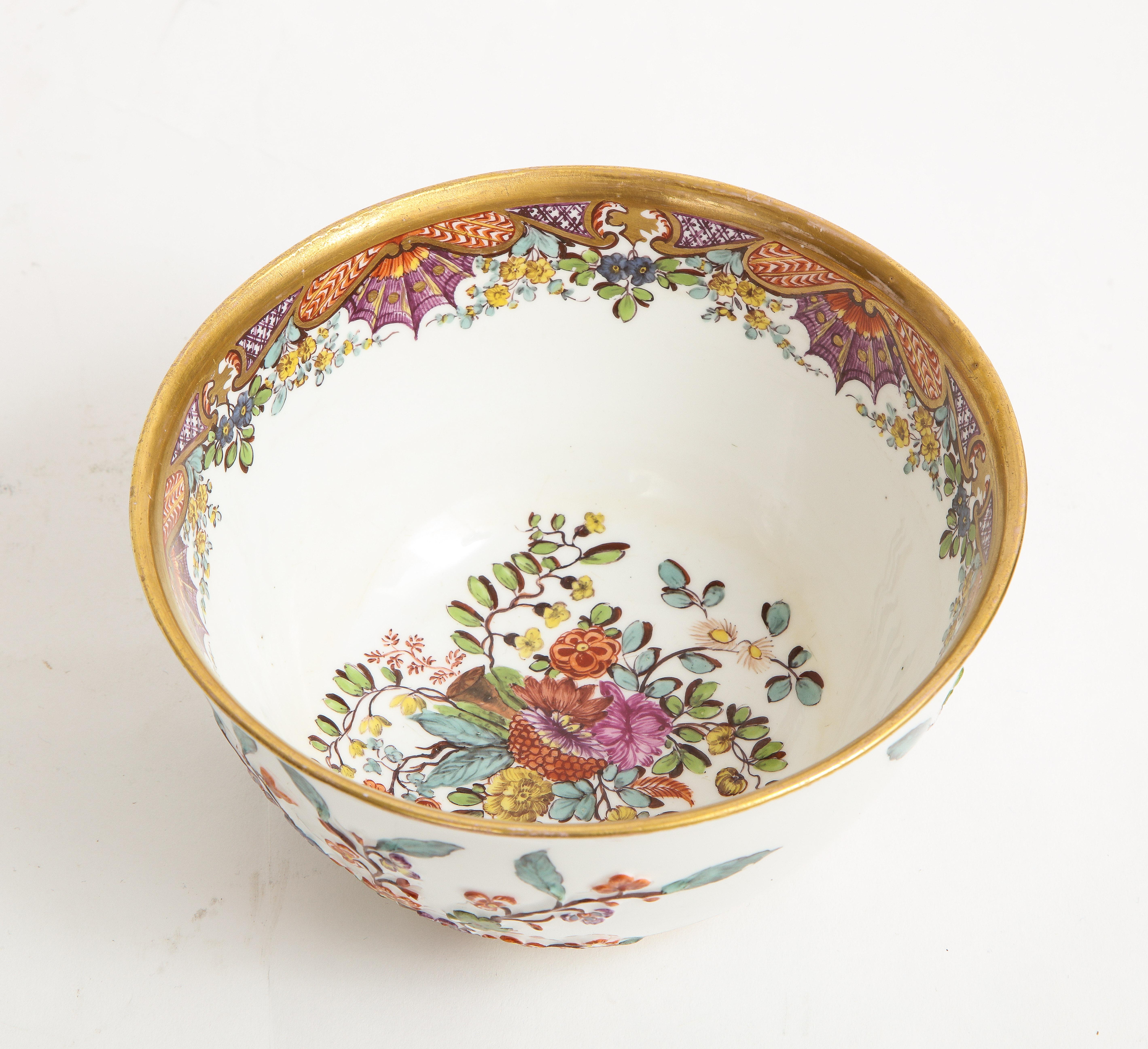 Hand-Painted 18th C. Meissen Hausmaler Decorated Bowl with High Relief Multi-Colored Flowers For Sale