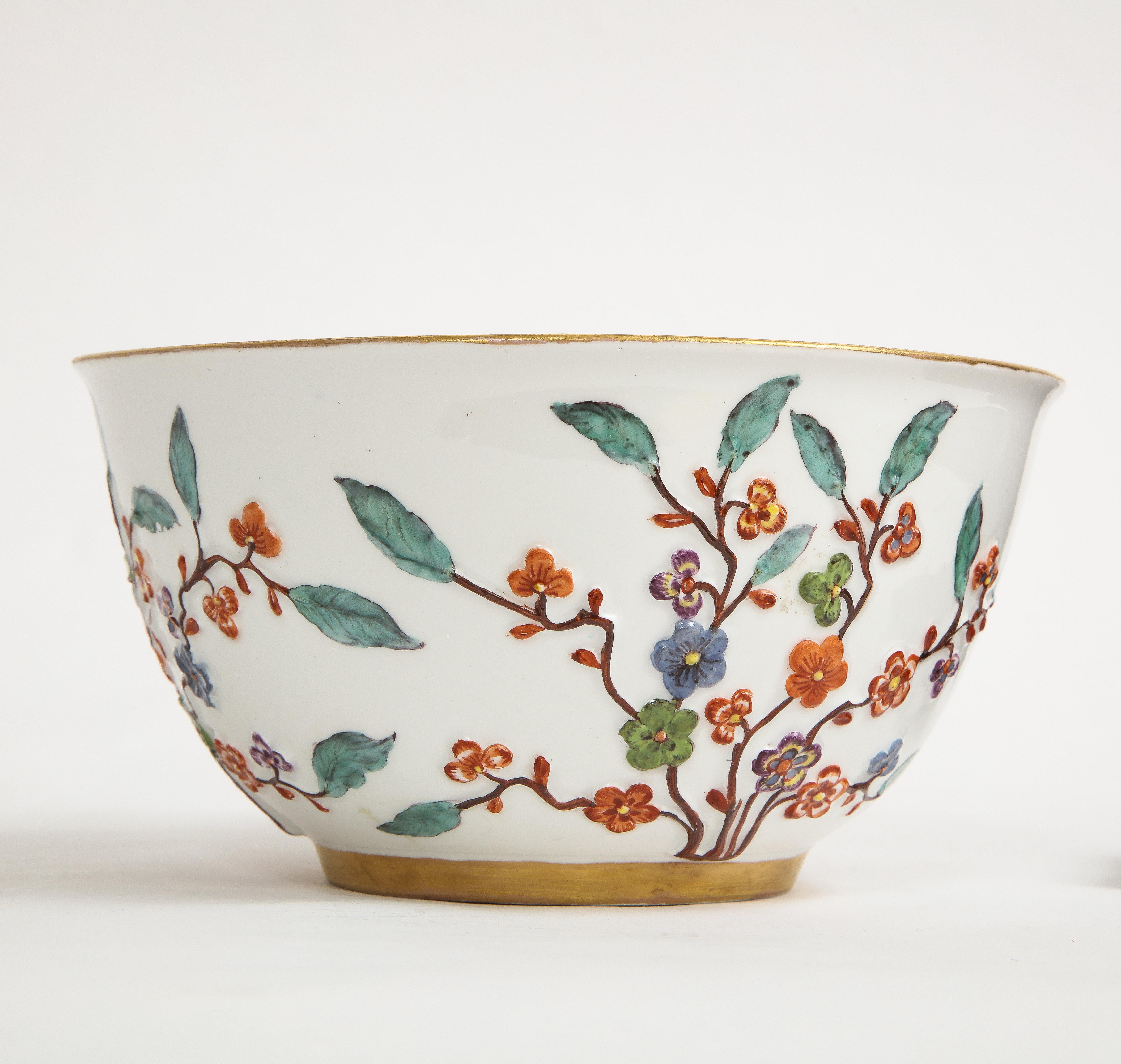 Mid-18th Century 18th C. Meissen Hausmaler Decorated Bowl with High Relief Multi-Colored Flowers For Sale