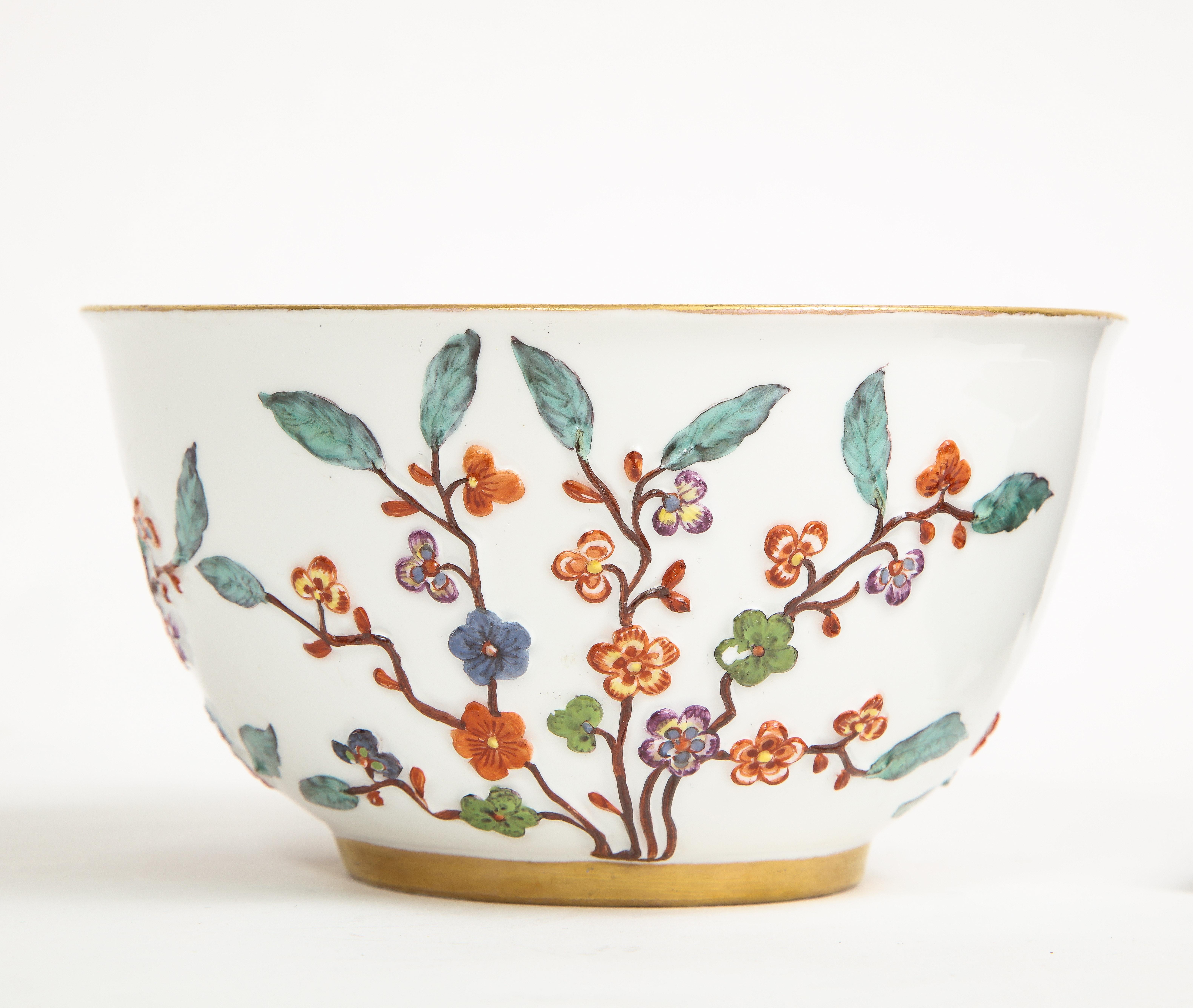Porcelain 18th C. Meissen Hausmaler Decorated Bowl with High Relief Multi-Colored Flowers For Sale