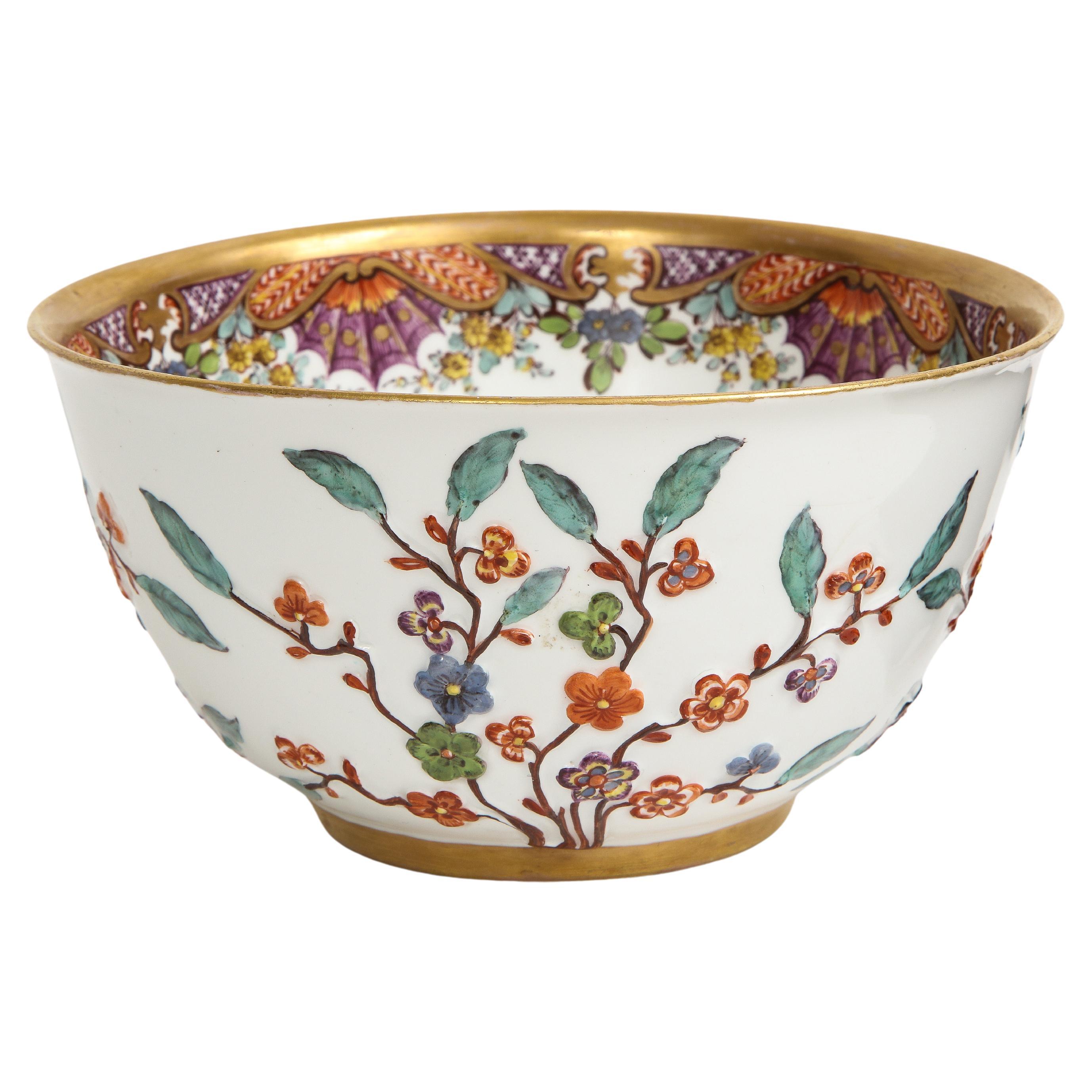 18th C. Meissen Hausmaler Decorated Bowl with High Relief Multi-Colored Flowers
